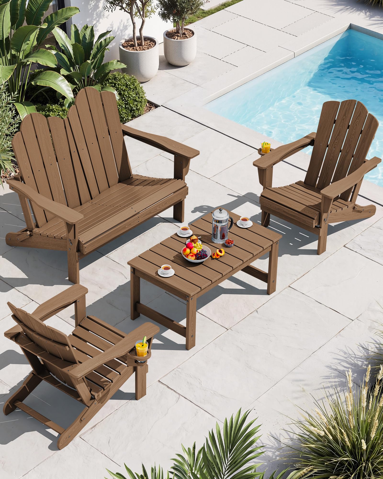 SERWALL 4-Pc HDPE Adirondack Set, 2 Chairs, 1 Bench &amp; 1 Coffee Table, Brown