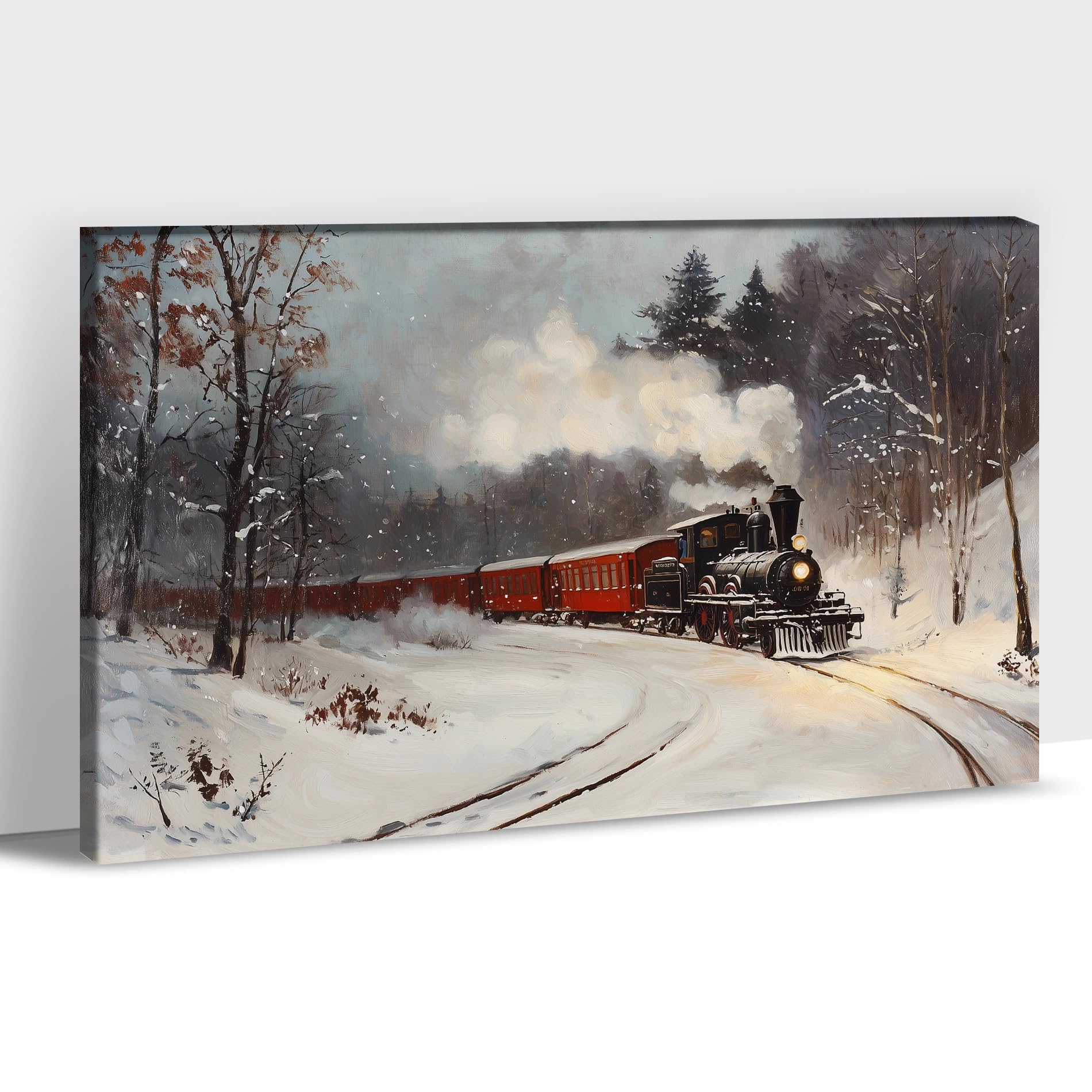 Winter Canvas Wall Art Decor, Train is Moving Winter Prints Snow Island Moutain Forest Nature Lake Wilderness Illustrations Fine Art Decorative