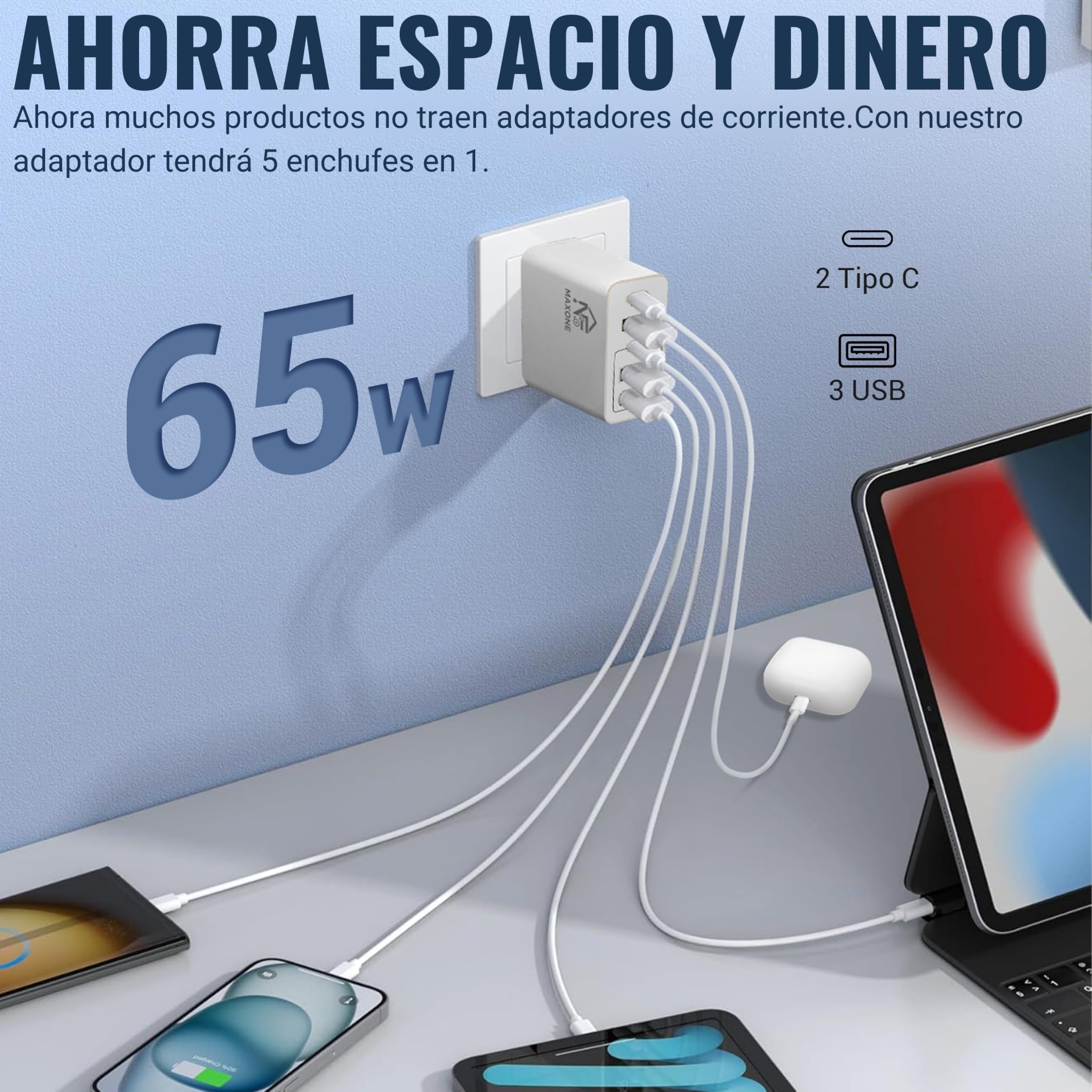 Pack 2 Cargador USB C Carga Rápida - Cargador USB Múltiple 5 Puertos - Enchufe Multiple USB C 65 W – Adaptador Compatible con Samsung, iPad, iPhone, Google, Carga Movil.65W