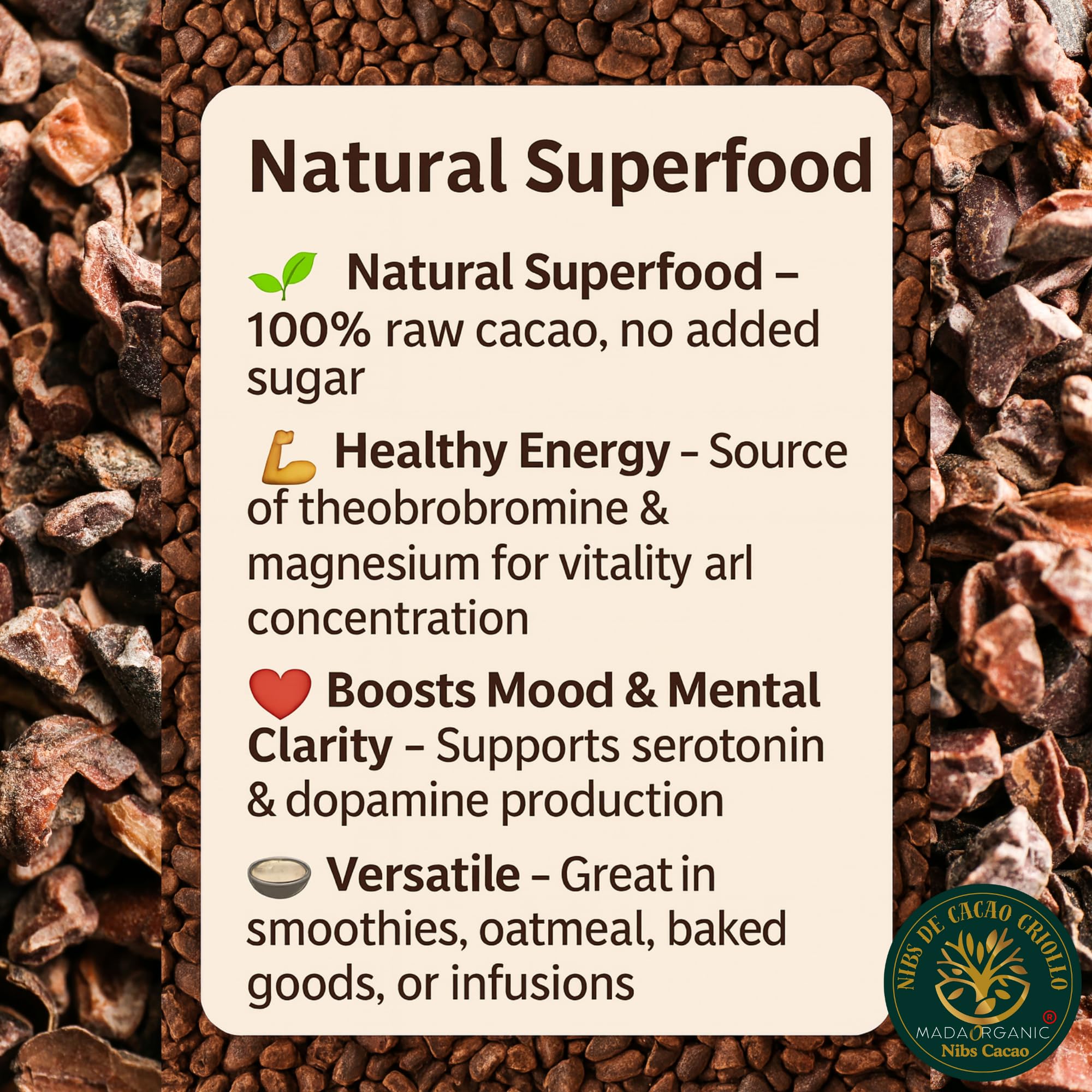 1 Kg - Raw Cacao Nibs Criollo – Grué de Cacao 100% Pur - Riche en Fer & Magnésium – Superfood de Madagascar – Direct de notre Coopérative Solidaire