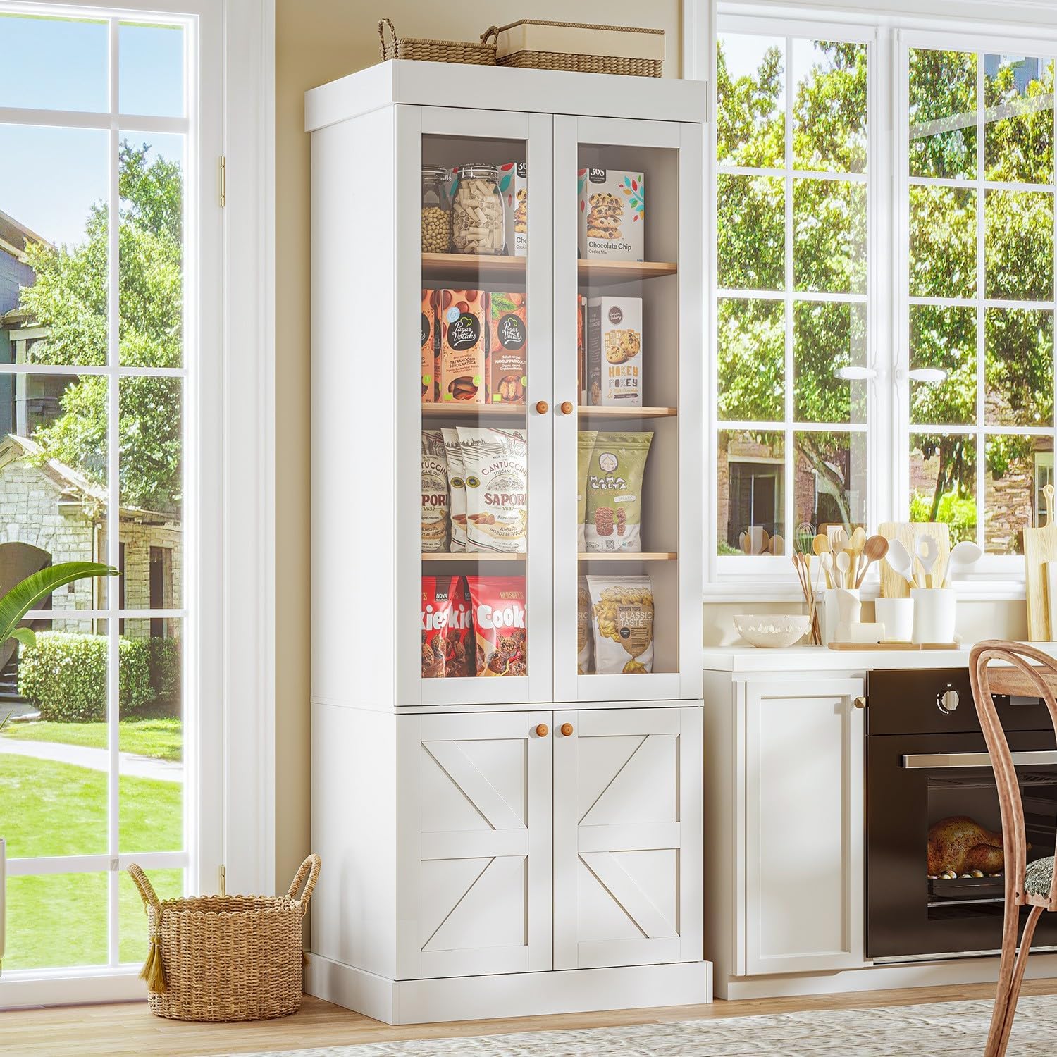 Vyre 71" Tall Farmhouse Kitchen Pantry, Rustic White Storage Cabinet with Glass Doors & Adjustable Shelves, Large Versatile Wood Hutch for Living Room & Dining Room, 4 Pcs