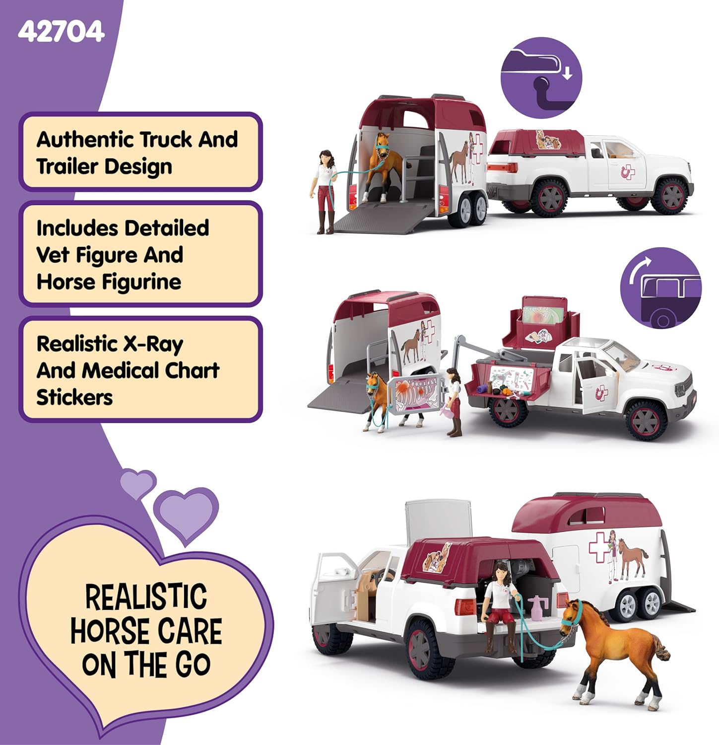 Schleich Horse Club - 90 PC Mobile Vet with Trailer Playset - Includes Toy Horse Figurine, Poseable Veterinarian Figure, Moveable Truck and Accessories - Interactive Play Toys for Kids Ages 5+| 42704