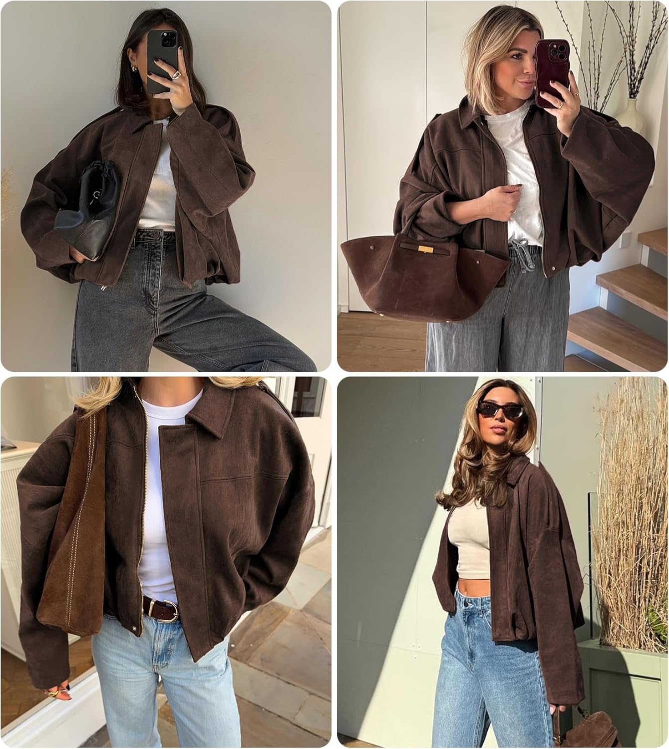 Womens Faux Suede Bomber Jacket Casual Lapel Pilot Cropped Coat Oversized Motorcycle Jackets 2025 Outerwear - Image 6