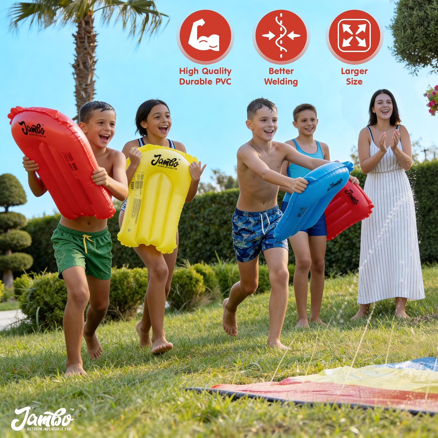 JAMBO 3 Pack Inflatable Body Boards for Water Slides, Boogie Boards for Pool, Lake & Slip Slides, Lightweight Floating Water Toys for Kids & Adults
