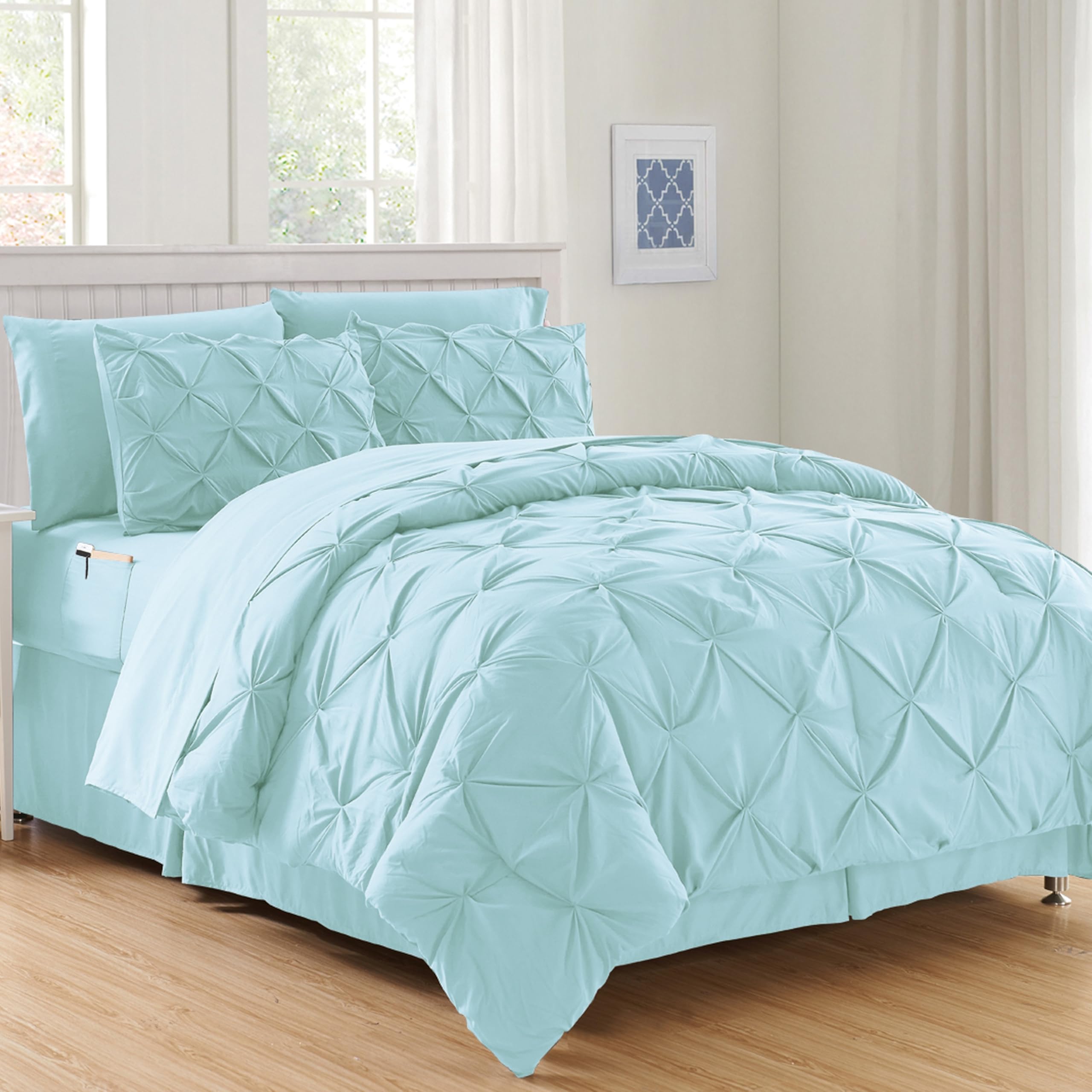 Elegant Comfort Luxury, Softest, Coziest 6-Piece Bed-in-a-Bag Comforter Set - Silky Soft Complete Set Includes Bed Sheet Set with Double Sided Storage Pockets, Twin/Twin XL, Aqua Blue