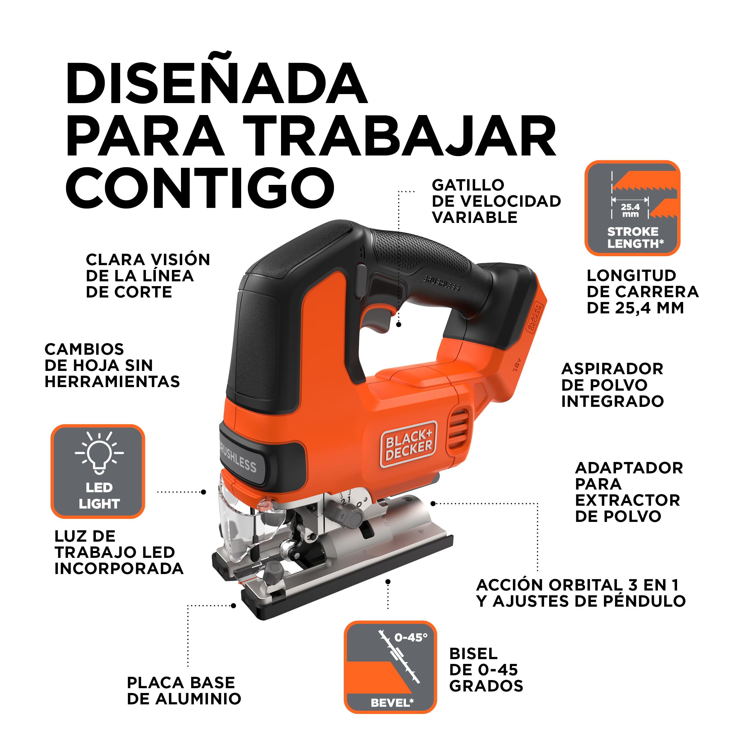 BLACK+DECKER Sierra de calar INALÁMBRICA sinescobillas, unidad básica, herramienta de sierra decalar de 18V solamente, con 6 hojas, batería noincluida, BLCJS78NZ-XJ