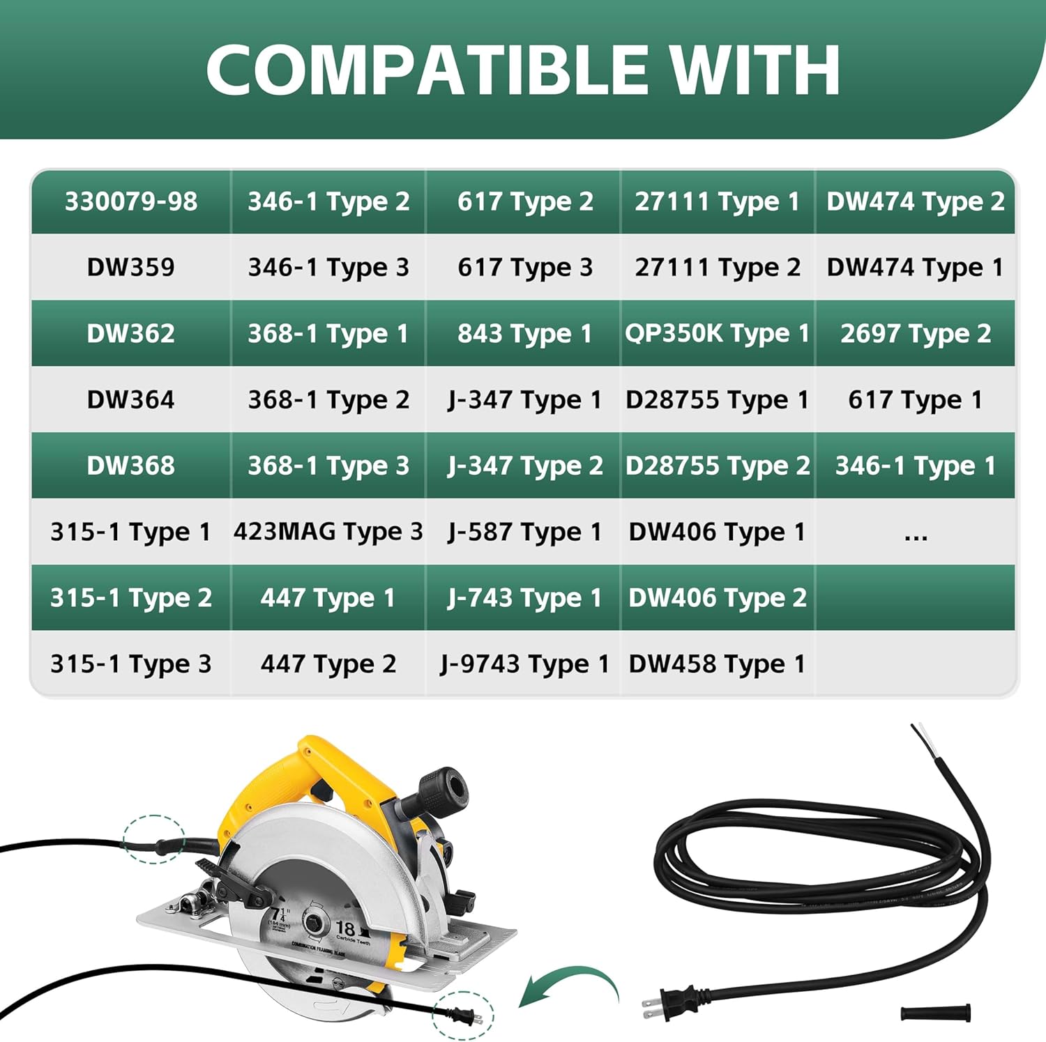 14 AWG 2 Wire 10FT Power Tool Cord Replacement 330079-98,for DeWalt Saw DW359, DW362, DW364, DW368 Ect,with Rubber Strain Relief Boot