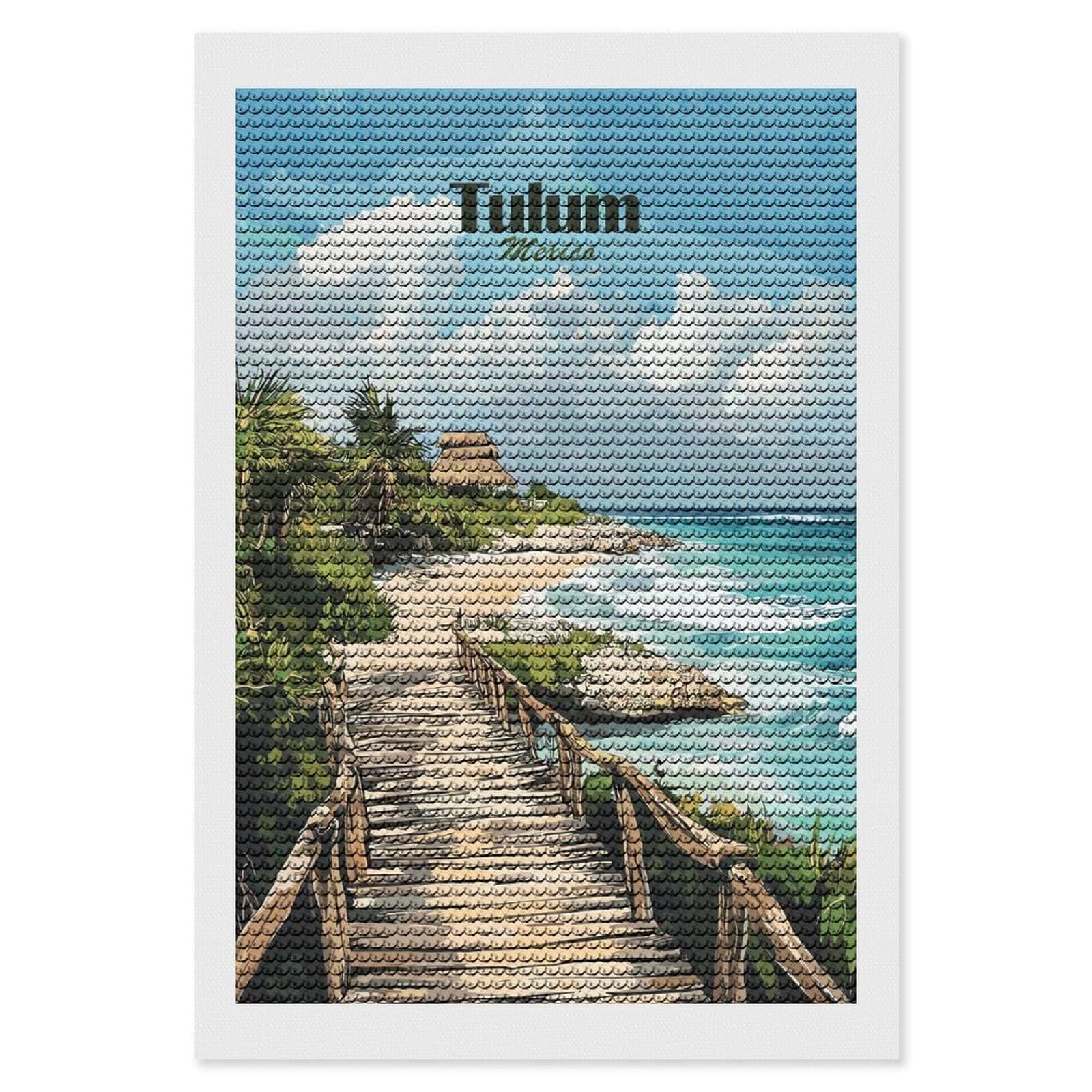 Junmoney Tulum Beach Pathway Diamond Painting Canvas Set 8"x12", for Beginners, Complete Accessories, Christmas Gift, Modern Decor