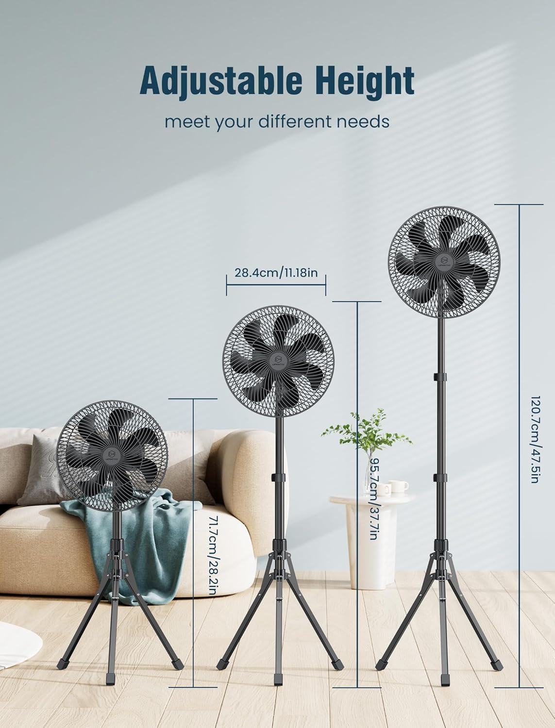 12’’ Oscillating Floor Fan with Remote Control and Timer, 4 Speeds, 16000mAh Battery Operated Quiet Pedestal Fan,Adjustable Height, Max 41.4H Runtime, Foldable Detachable Tripod for Home, Tent,Travel