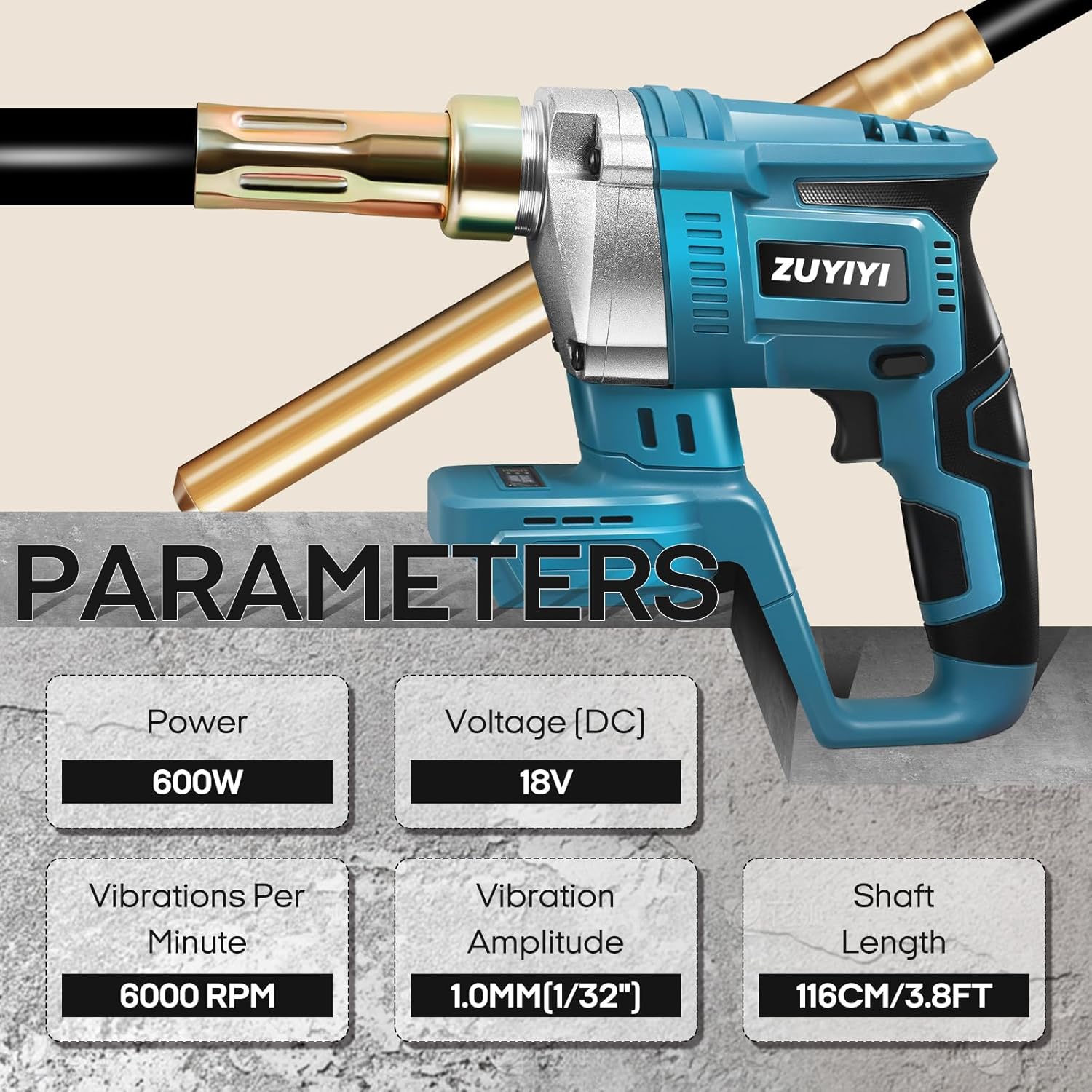 Cordless Concrete Vibrator for Makita 18V Battery, 600W 6000RPM Handheld Concrete Vibrator, 3.9ft Shaft Rod, Handheld Power Cement Vibrating Tool for Remove Bubble Mix Concrete(Bare Tool)