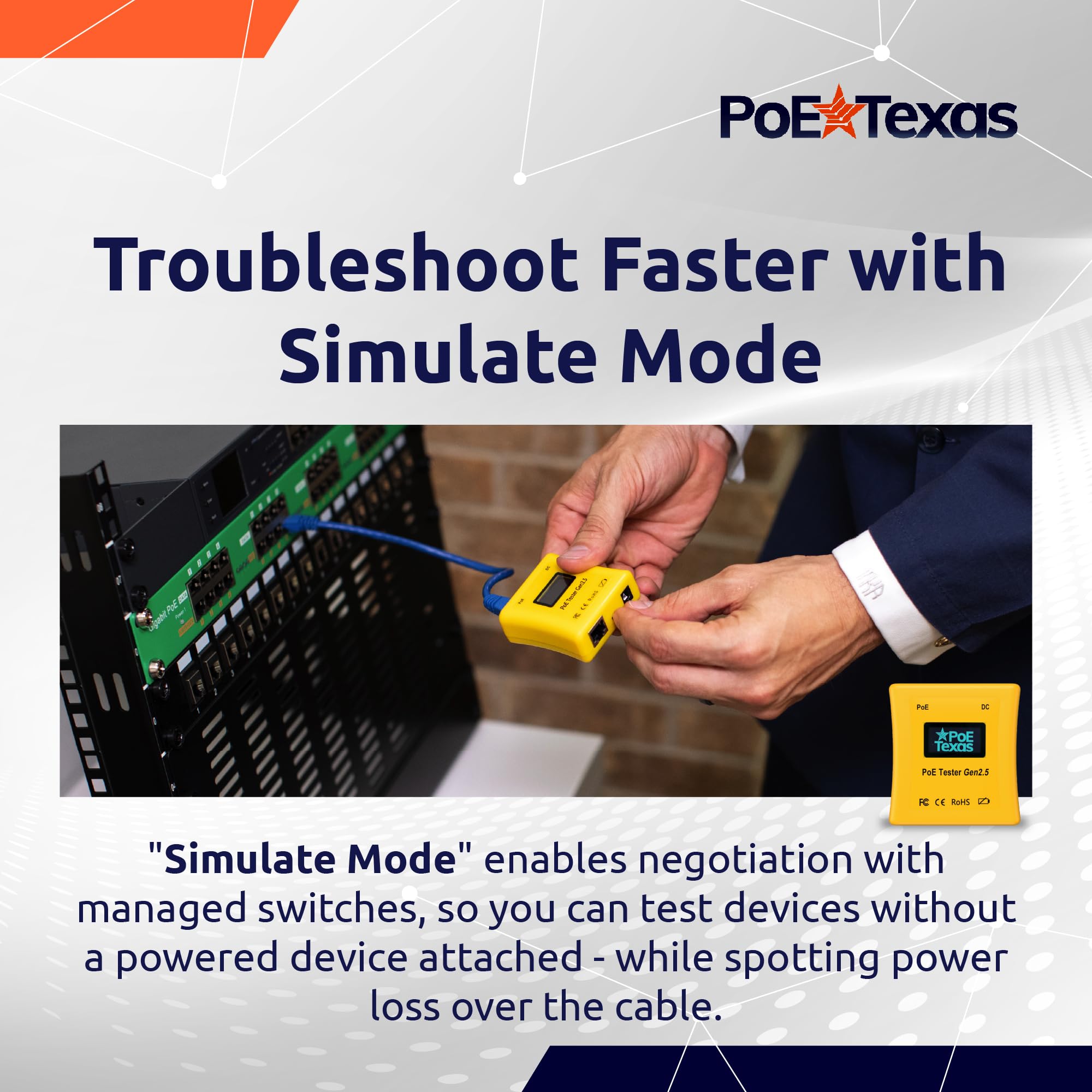 Inline Power over Ethernet Spannungs-, Strom-, Leistungsmessgerät - PoE-Tester mit Gigabit-Daten, 802.3af und 802.3at