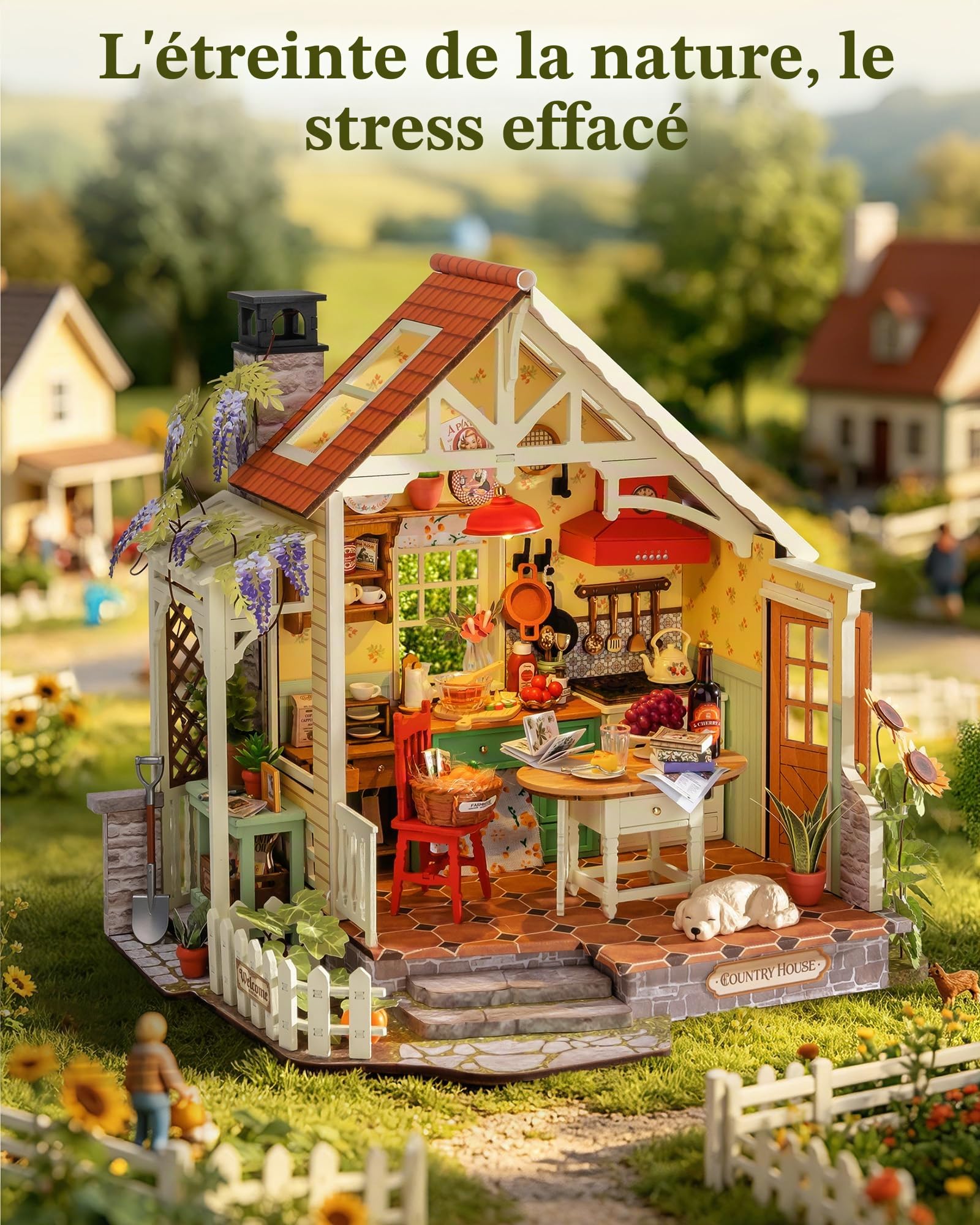 Rolife Miniature Maison de Poupée pour Adultes, Cuisine de Ferme Ensoleillée, Maison Miniature en Bois Style Cottage, Maquette avec Lumières LED, Loisir Créatif Relaxant, Cadeau Noël Femme
