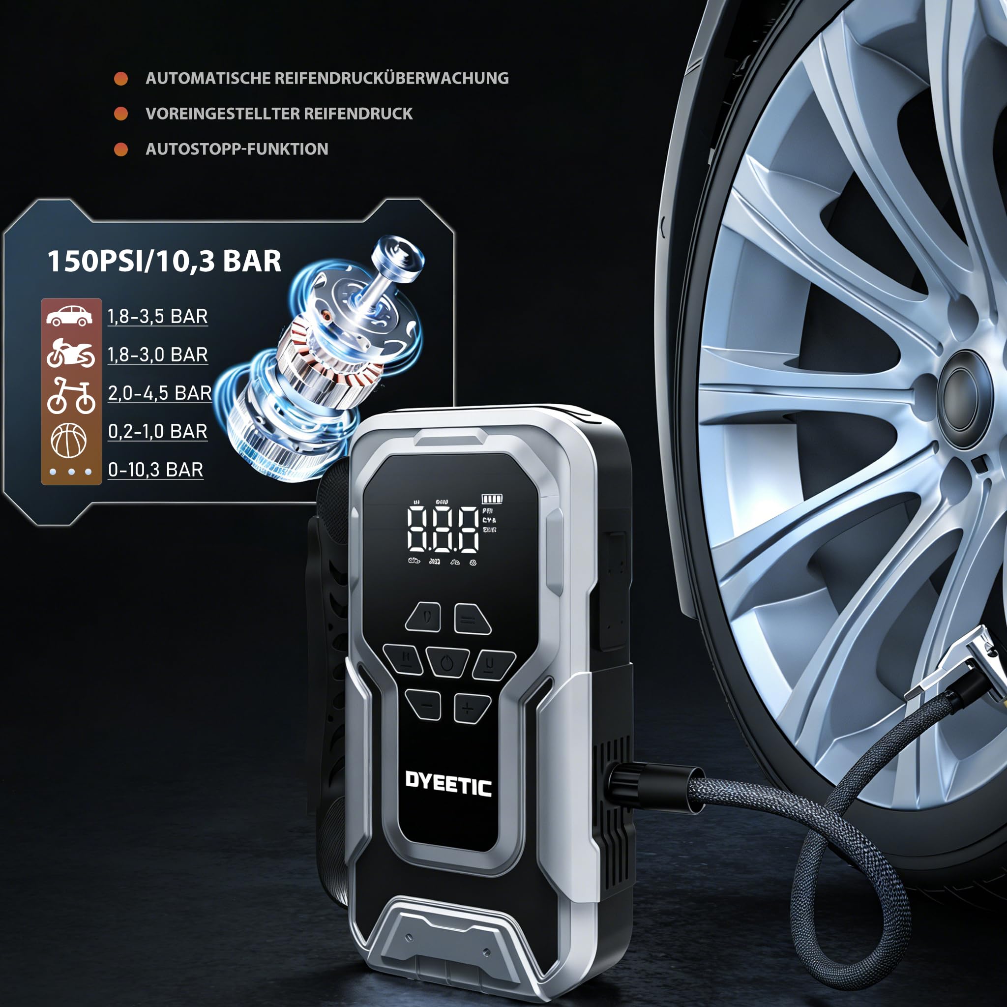 Starthilfe Powerbank mit Luftkompressor, DYEETIC Starthilfegerät 7000A 88Wh | Autobatterie Tragbarer Booster, 12V JumpStarter für alle Benzin/12L Dieselmotoren/Hybrid), 18W Schnelllade USB Ausgänge