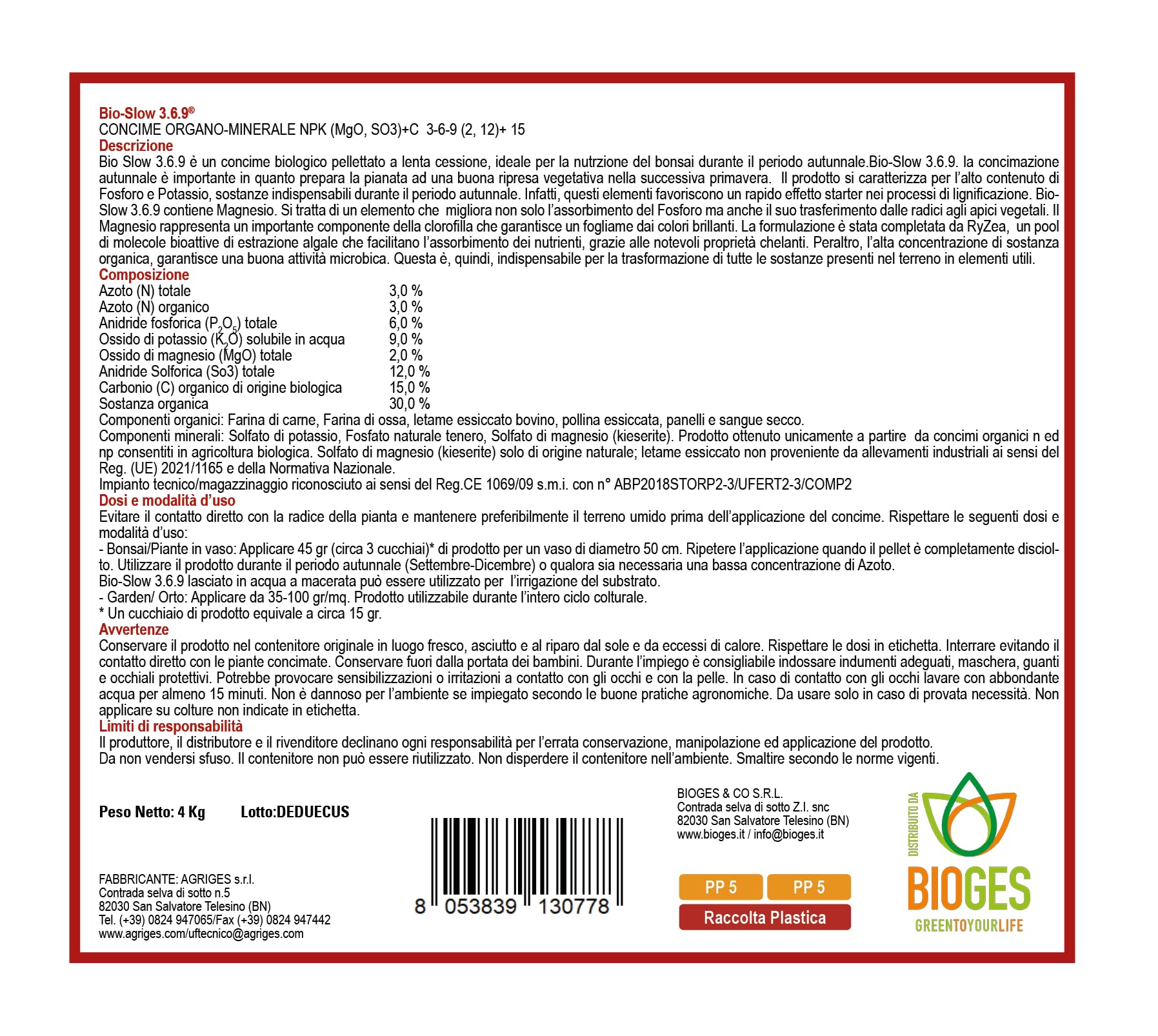 Bio-Slow 3.6.9 da 4 kg – Concime Biologico per Bonsai