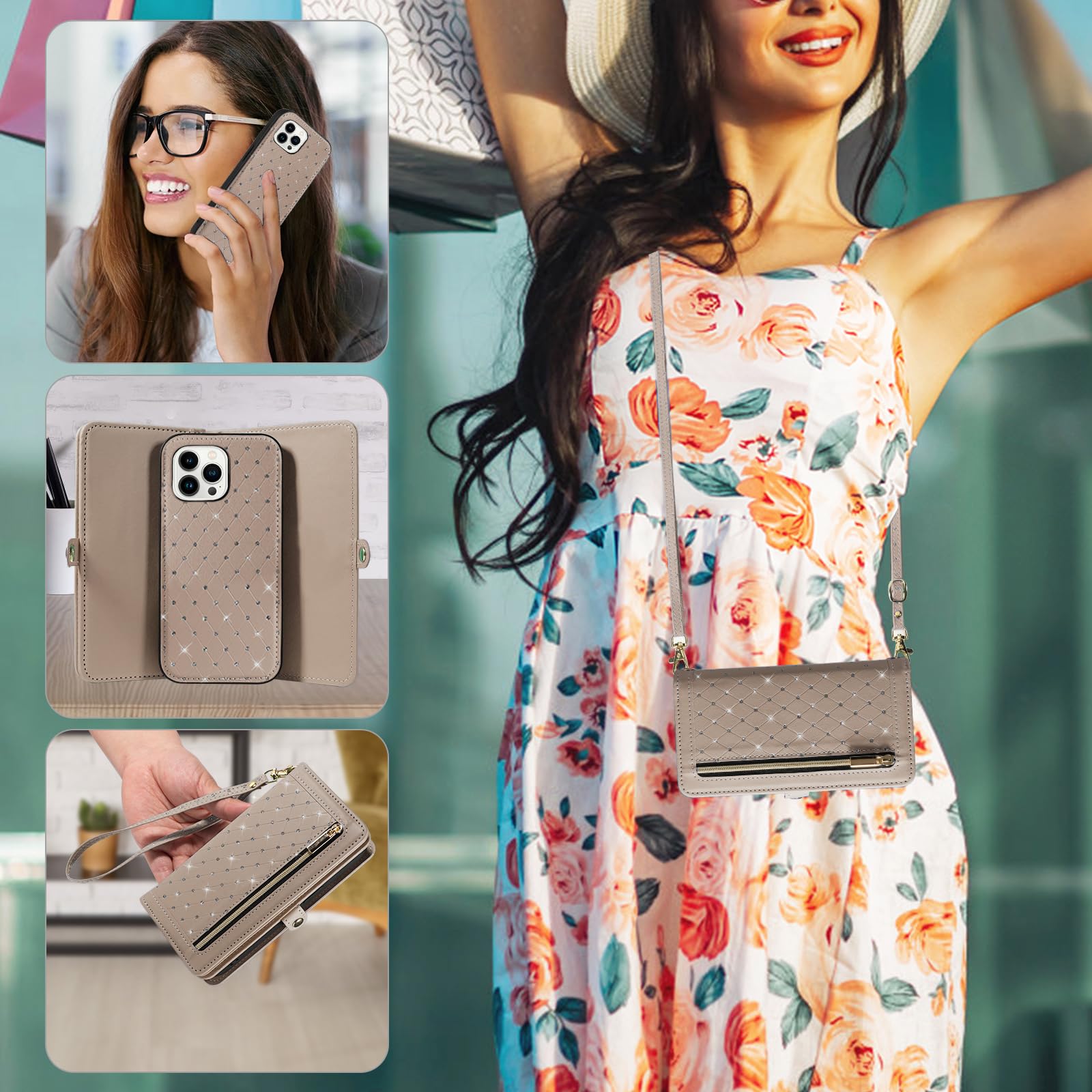 Funda para iPhone 13 Pro Max 2021 con cremallera, funda magnética desmontable con protector de pantalla, correa de cordón cruzada, con purpurina, para iPhone 13promax 5G i Phone13Max Plus, para mujer