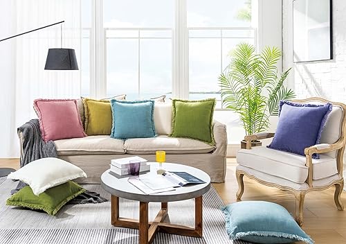 Miniatura 2 de ATLINIA Funda de Almohada Decorativa - Funda de Almohada de Lino de 20x20 Pulgadas Decorativa Estilo Granja Bohemio con Flecos Funda de Cojín para