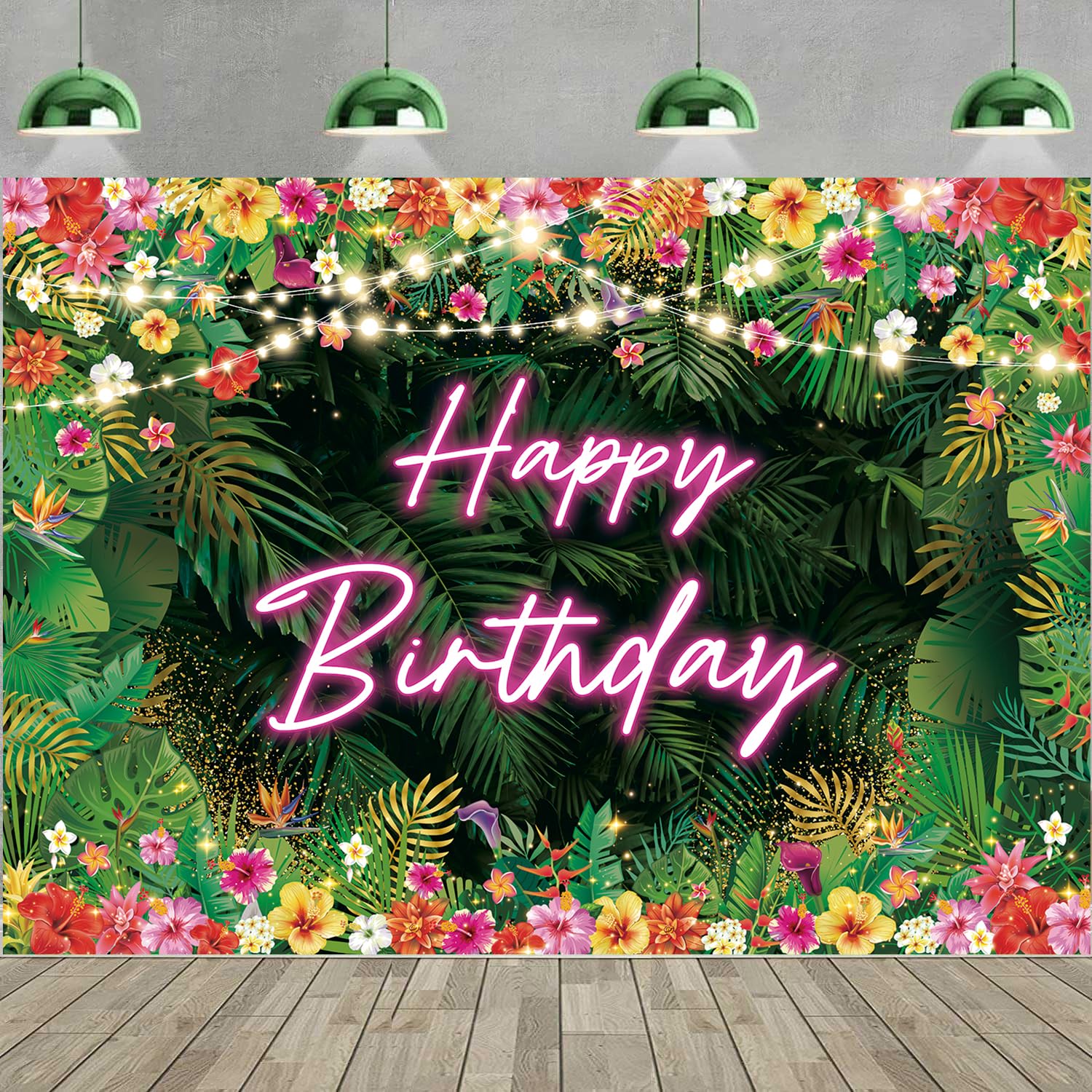 Hawaiian Birthday Backdrop Tropical Party Decorations 8x6FT Flowers and Palm Leaves Happy Birthday Banner Photography Supplies Photo Props (96x72 inch