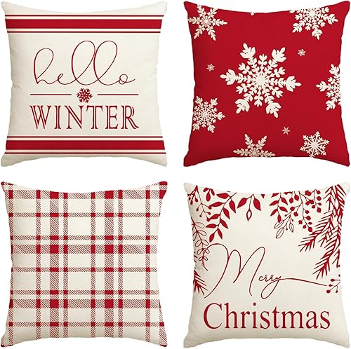 AVOIN colorlife Merry Christmas Hello Winter Buffalo - Funda de almohada de copos de nieve rojos, 18 x 18 pulgadas, decoración de fundas de cojín de