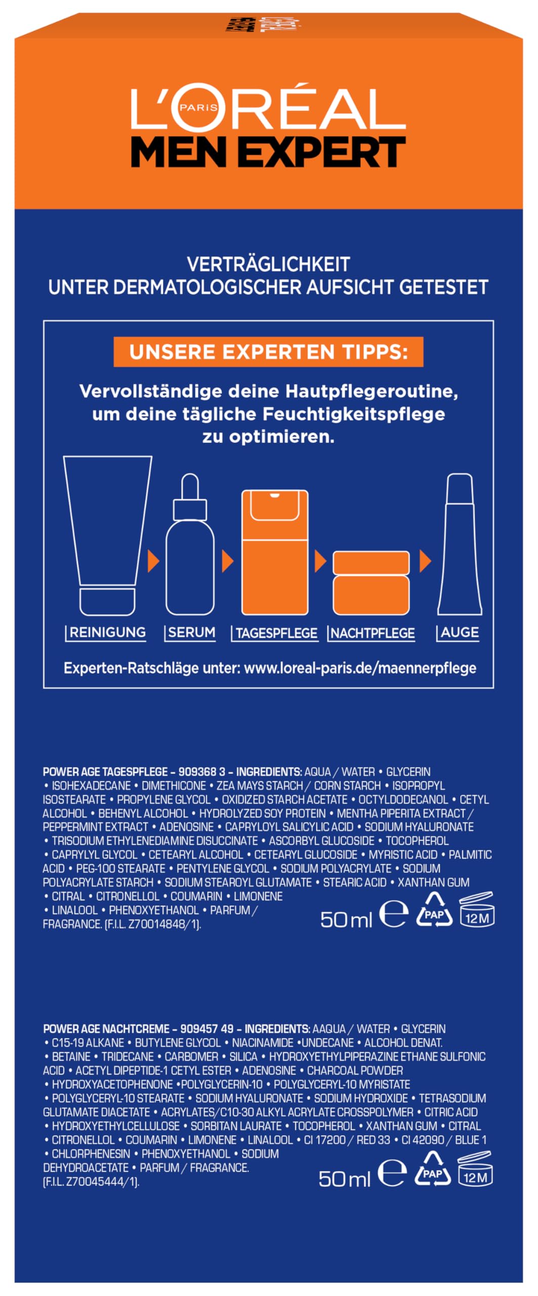 L'Oréal Men Expert Pflegeset gegen Falten für Männer, Geschenkset mit Anti-Aging Tagescreme und Nachtcreme gegen matte Haut, Geschenke für Herren mit Hyaluronsäure, Power Age, 2 x 50 ml