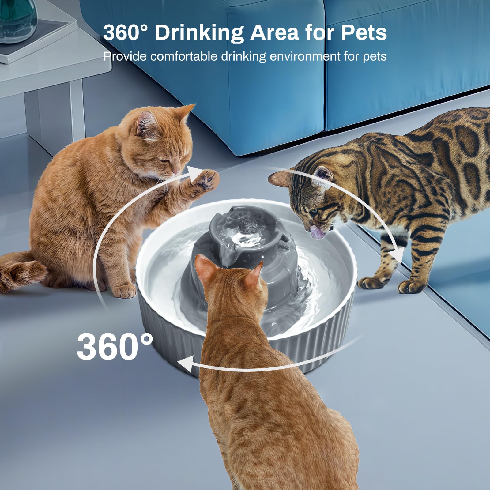 Fuente de cerámica para gatos, VinDox 2,1 L, fuente para gatos y perros, fuente de porcelana, dispensador de agua para gatos con filtro de repuesto y espuma bomba inteligente (gris)