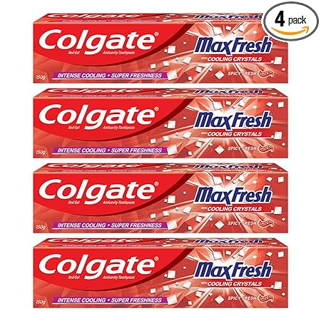 Colgate Max Fresh Bad Breath Treatment Toothpaste, Red Gel Paste With Menthol For Super Fresh Breath, 600g, 150g X 4 Spicy Fresh