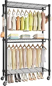 DWVO Rolling Clothes Rack with Wheels, Heavy Duty Garment Rack with 3 Tiers Adjustable Wire Shelving, Portable Clothing Rack for Cloakroom Bedroom Laundry Storage Organizer, Black
