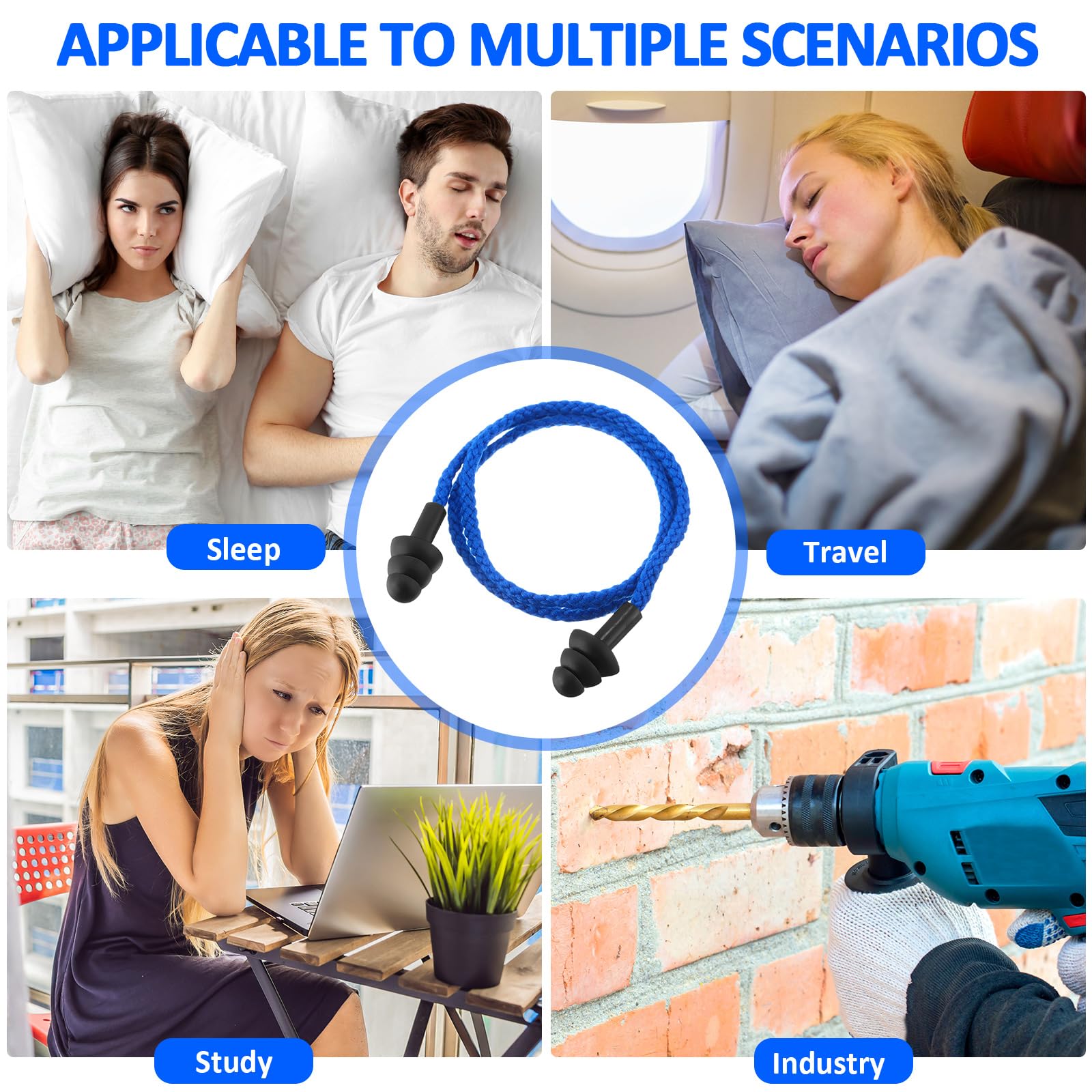 Xuhal 200 pares de tapones para los oídos con cable envueltos individualmente, tapones para los oídos de silicona de calidad, reutilizables, cancelación de ruido del sueño para protección auditiva,