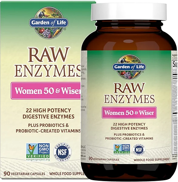 Garden of Life 22 Digestive Enzymes for Women 50 & Over with Bromelain, Papain & Lactase Plus Probiotics & Vitamins B12, Biotin & Zinc – RAW Enzymes – Non-GMO, Gluten-Free, Vegetarian, 90 Ca