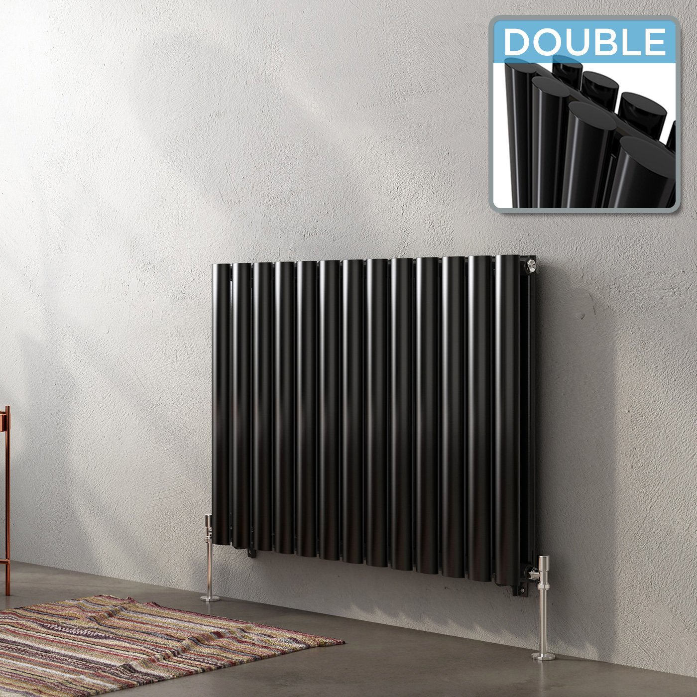 iBathUK Strata Wall-Mounted Horizontal Double Oval Panel Radiator, 13 Column Steel High Thermal Output Hydronic Central Heating, Designer Modern Radiator in Gloss Black, 600 ร 767mm โ image 1