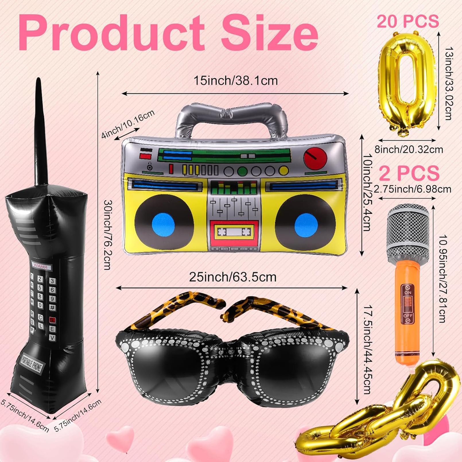 Incisite 25 Pcs 80s 90s Inflatable Party Decorations, Inflatable Boom Box, Microphone, Gold Chain Balloons - Image 2