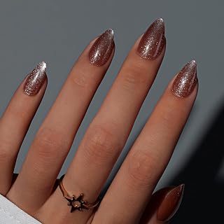 KQueenest Cat Eye Press On Nails Short, Fall Press On Nails Almond, Sparkle Light Brown Fake Nails With Glue, Recycled Soft Gel Glue On Nails for Woman, Long-Lasting Glitter Effect, 30 Pcs