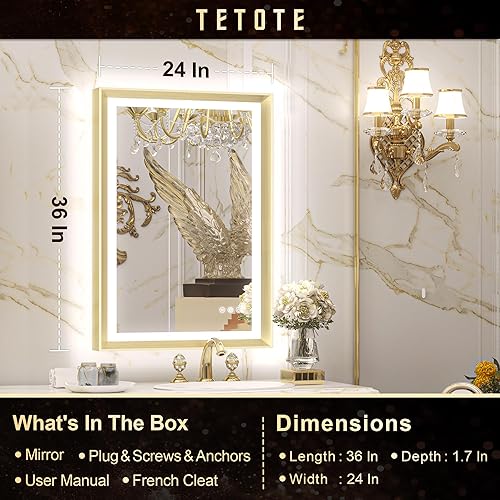 Miniatura 7 de TETOTE Espejo de baño LED dorado con luces de 24 x 36 pulgadas, frontal y retroiluminado, espejo barroco, antivaho sin escalones, regulable,