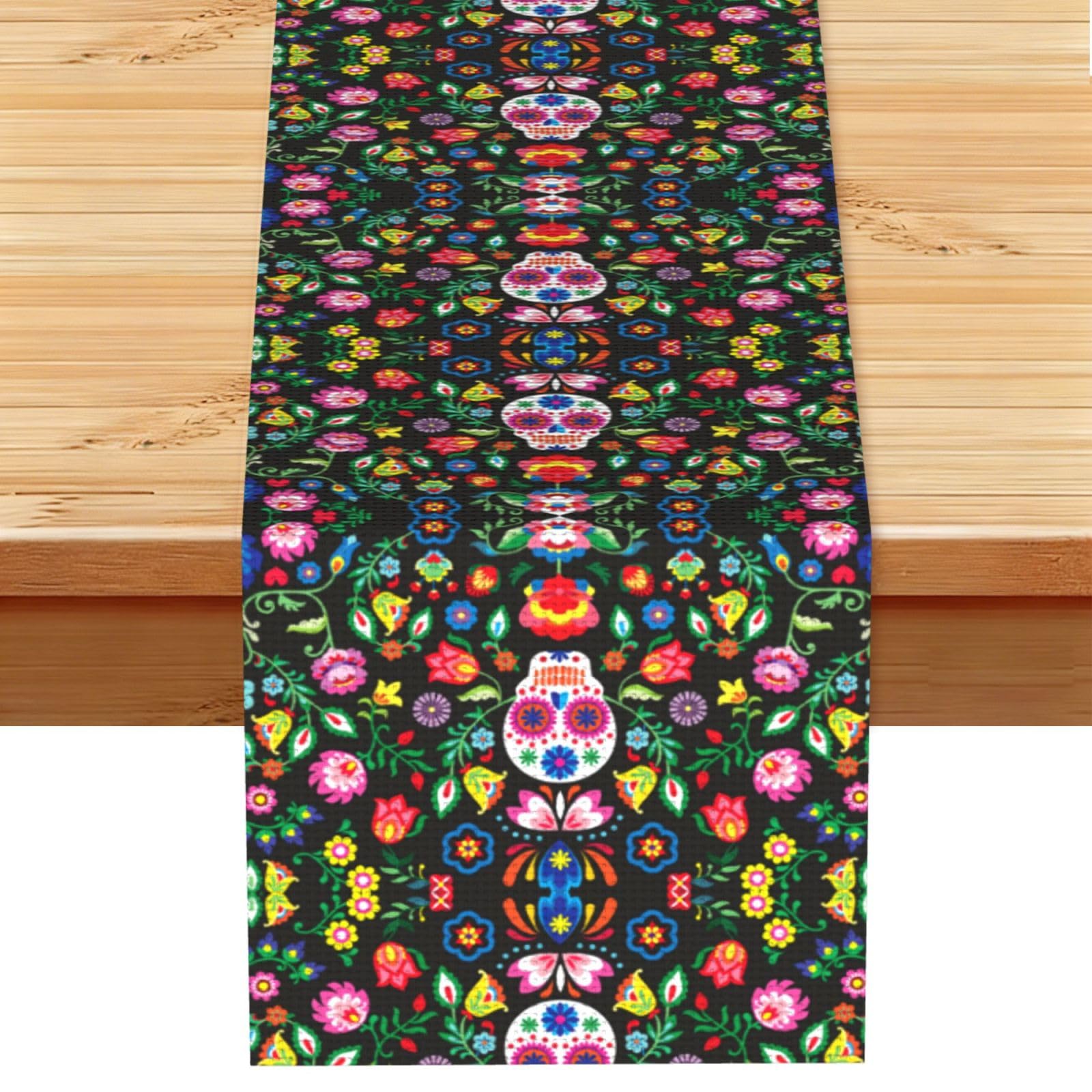 Sugar Horror Skull and Flowers Printed Dining Table Runner 13x72 Inch, Non-Fading Decor for Kitchen Dresser Fireplace Mantel