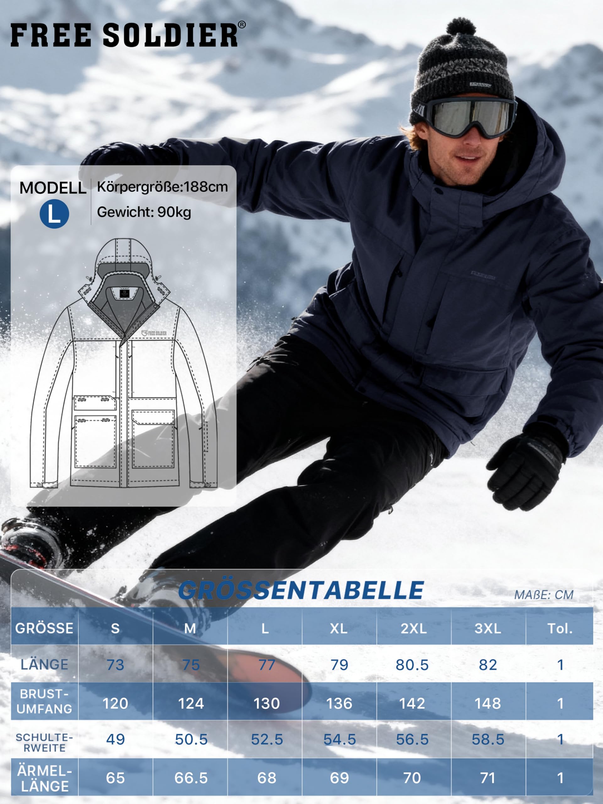 FREE SOLDIER Veste de ski imperméable pour homme avec doublure en polaire, col neige chaud pour l'hiver avec capuche et coutures entièrement étanches