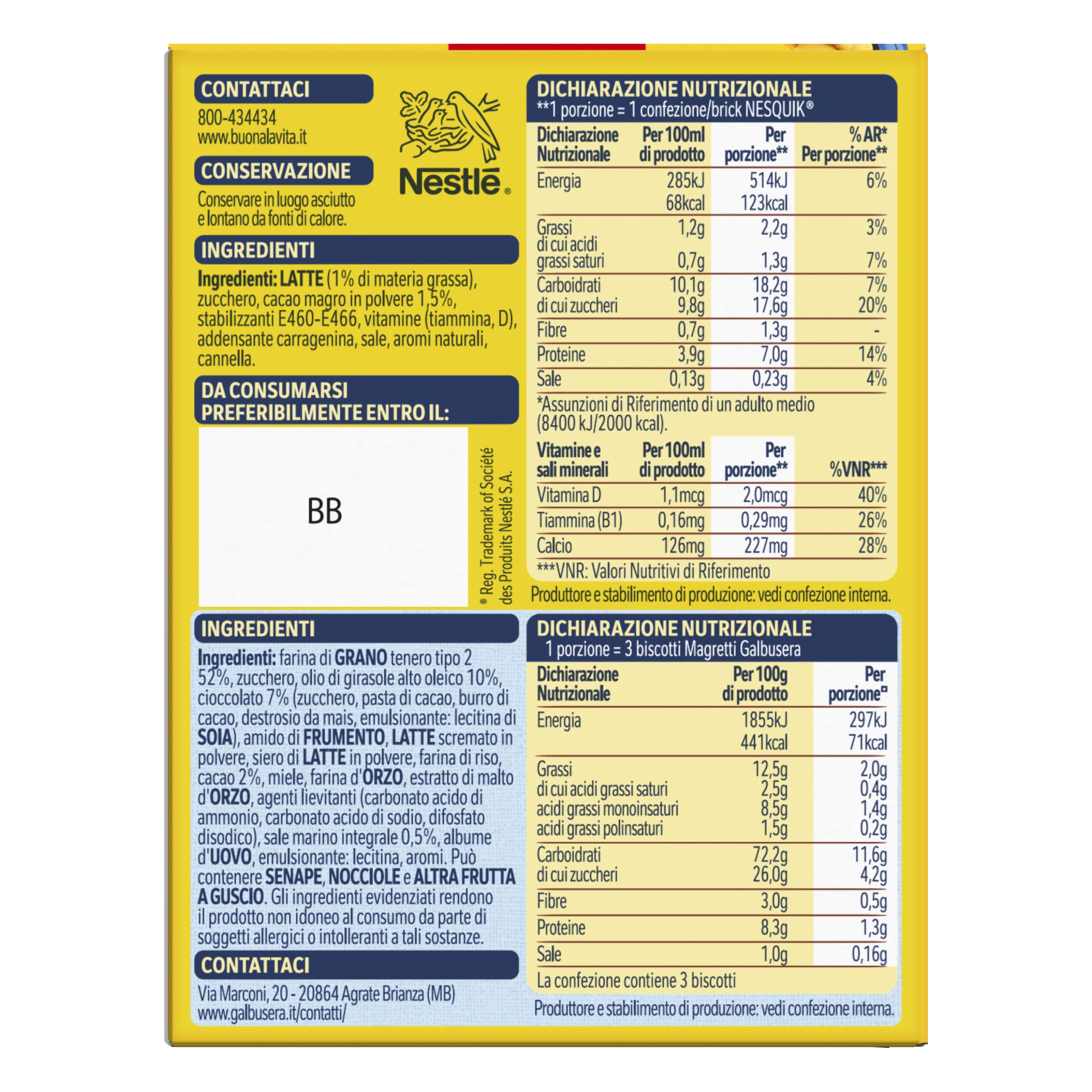 NESQUIK Box Merenda Nesquik Pronto da Bere Latte e Cacao, 14 confezioni contententi 1 Brick da 180ml e 3 frollini Magretti Galbusera da 16g ciascuna