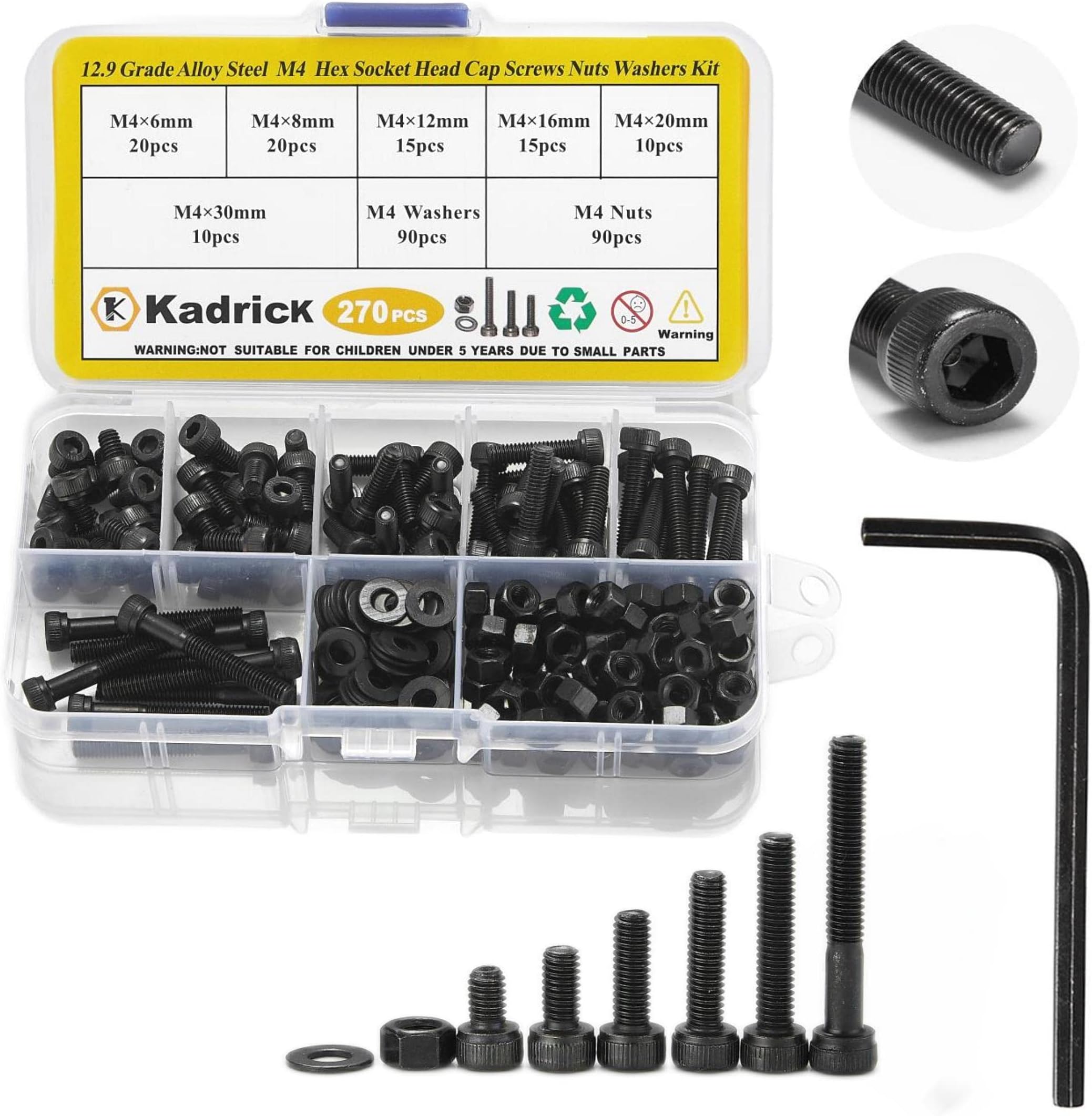 Kadrick 270 Pcs M4 Screw Assortment, Metric Hex Socket Head Cap Bolts, M4*6mm/8mm/12mm/16mm/20mm/30mm Screws Nuts and Washers, 12.9 Grade Alloy Steel,Black Zinc Plated,Anti Rust Upgrade