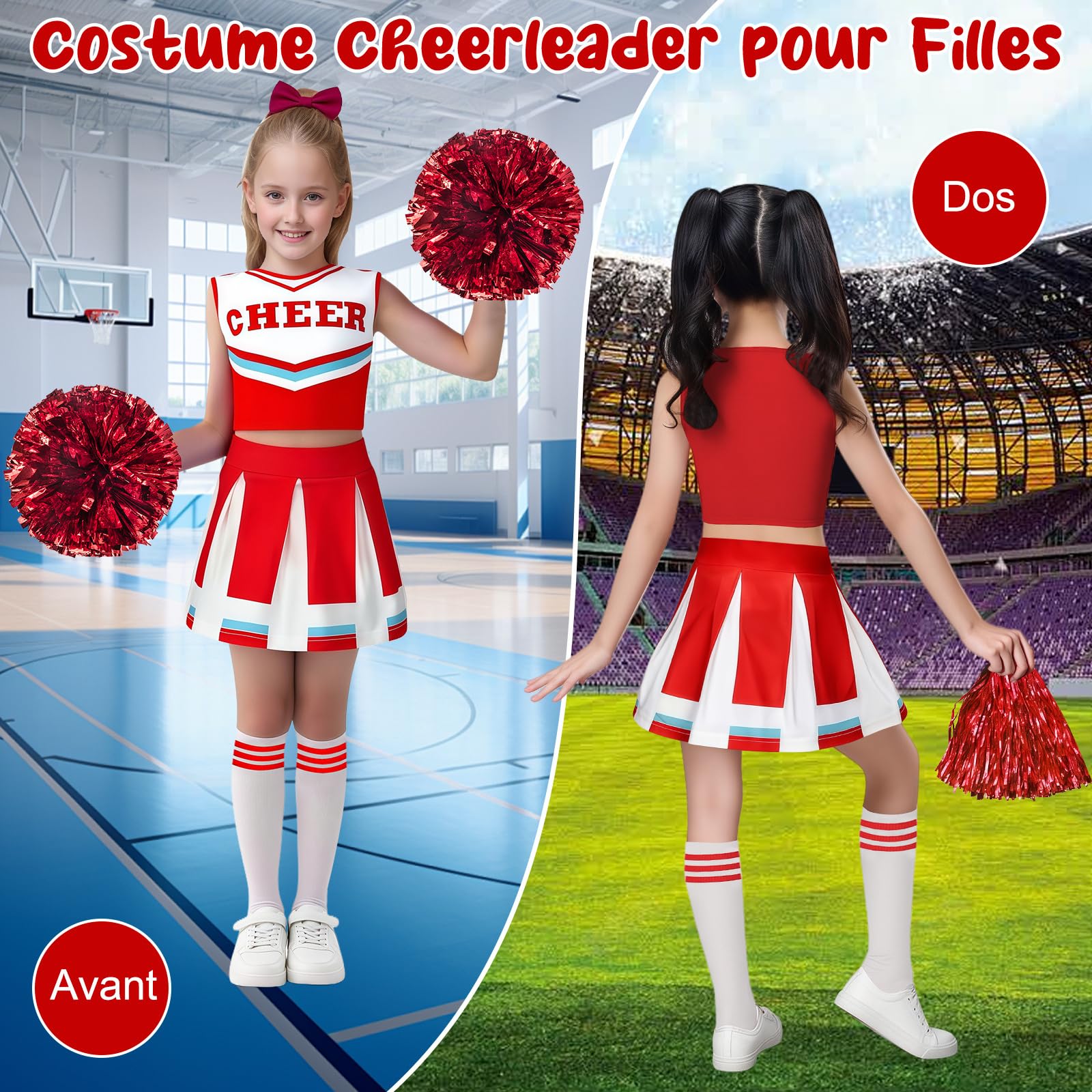 Luckyou Deguisement Pompom Costume De Cheerleader Déguisement Uniforme de Pom-pom avec Pompoms Chaussettes pour Halloween Mascarade Carnaval - 3