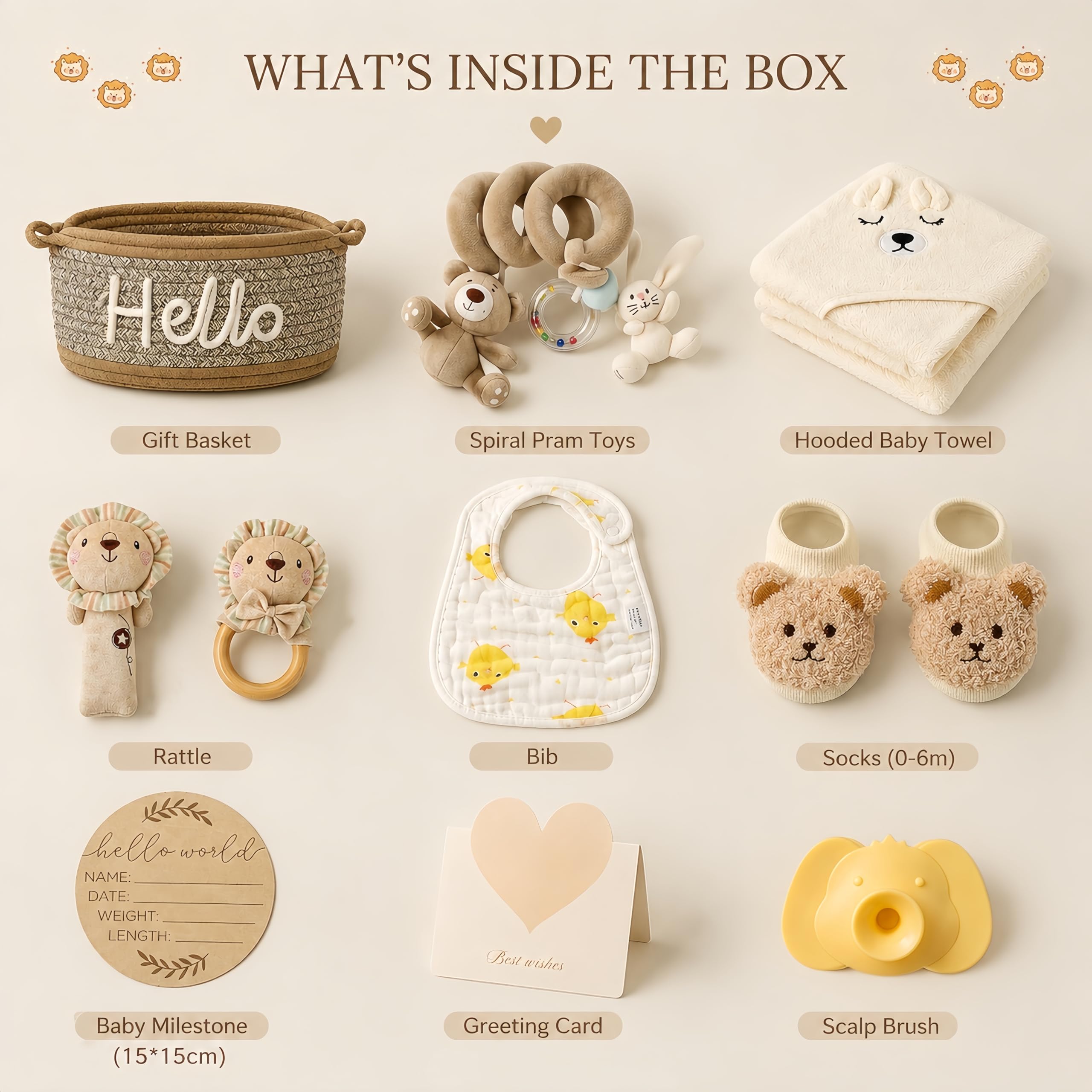 Regalo per nascita per bambini o bambine, 11 pezzi, con asciugamano con cappuccio, sonaglio, giocattolo per passeggino e cestino portaoggetti, regali per nascita per baby shower
