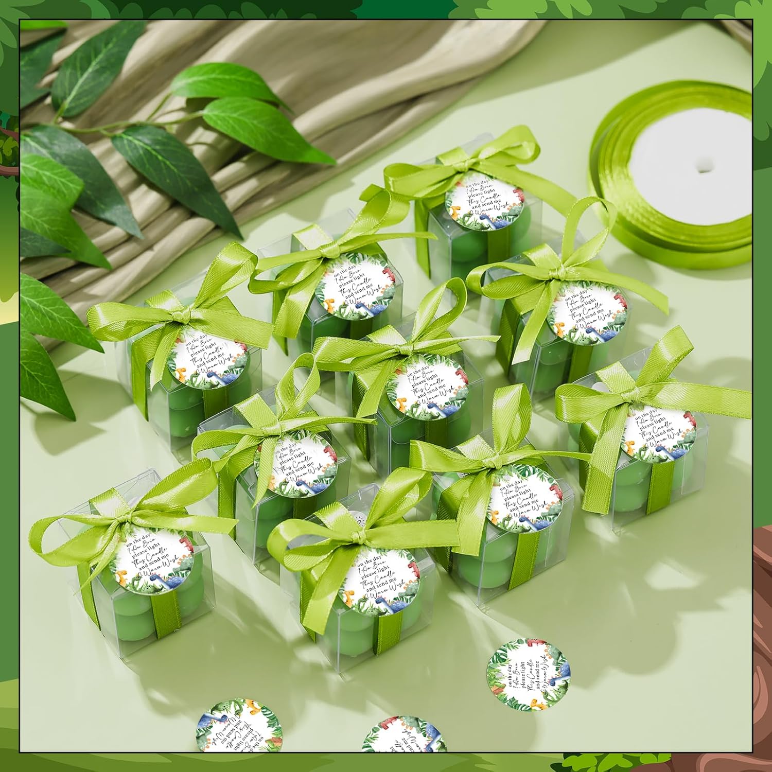 MTLEE 24 Sets Dinosaur Baby Shower Favors Small Bubble Candle Baby Shower Favors for Guests Tea Candles Bulk with Stylish Ribbons Cards Gifts Party Decoration(Army Green,Dinosaur)