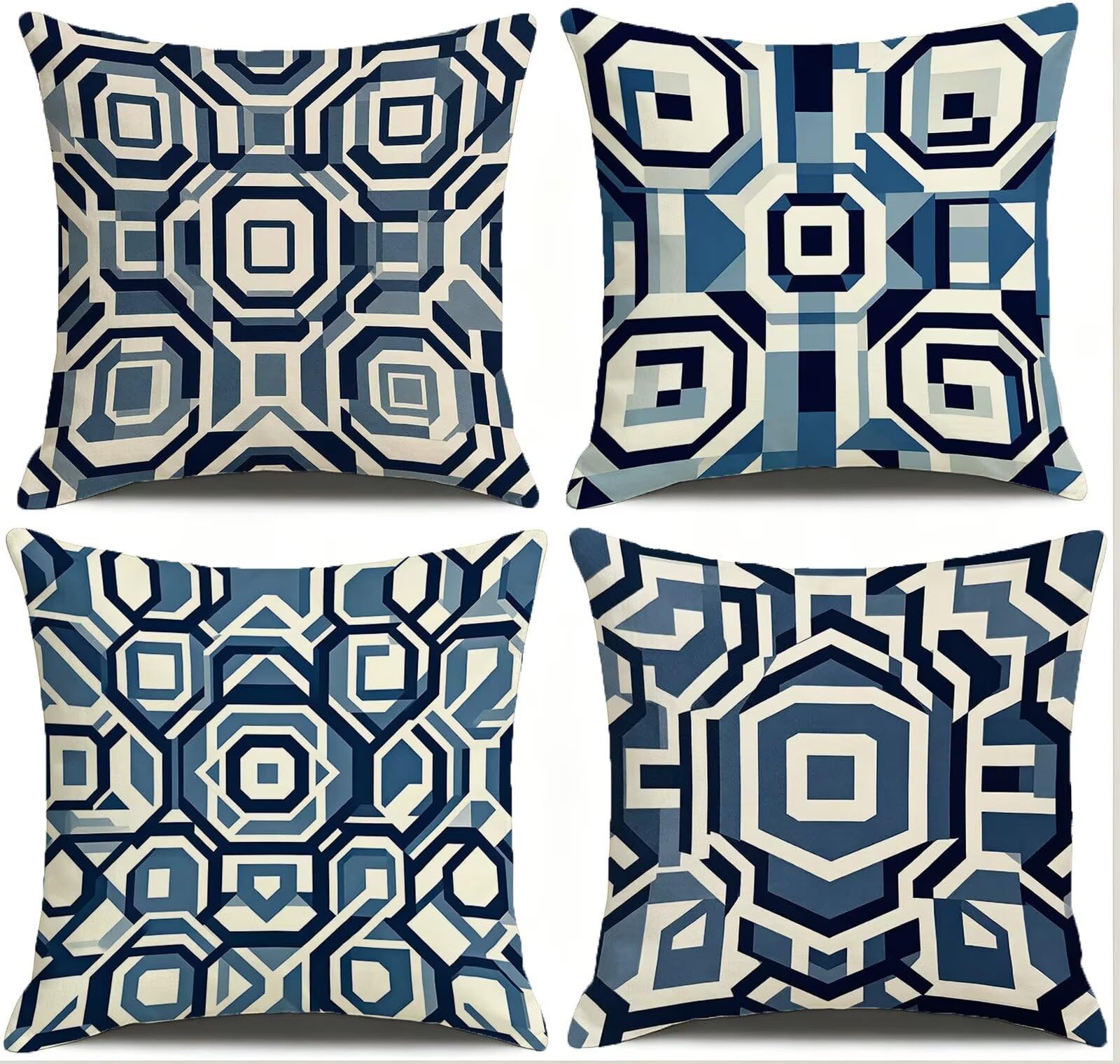Blu Federe Cuscini Divano 60x60cm, Cuscini da Esterno Set de 4, Cod-136 | Velour Copricuscini Decorativi Letto Arredo, per Letto, Soggiorno, Giardino, Esterno, Casa Decorazione Set di 4 Geometria