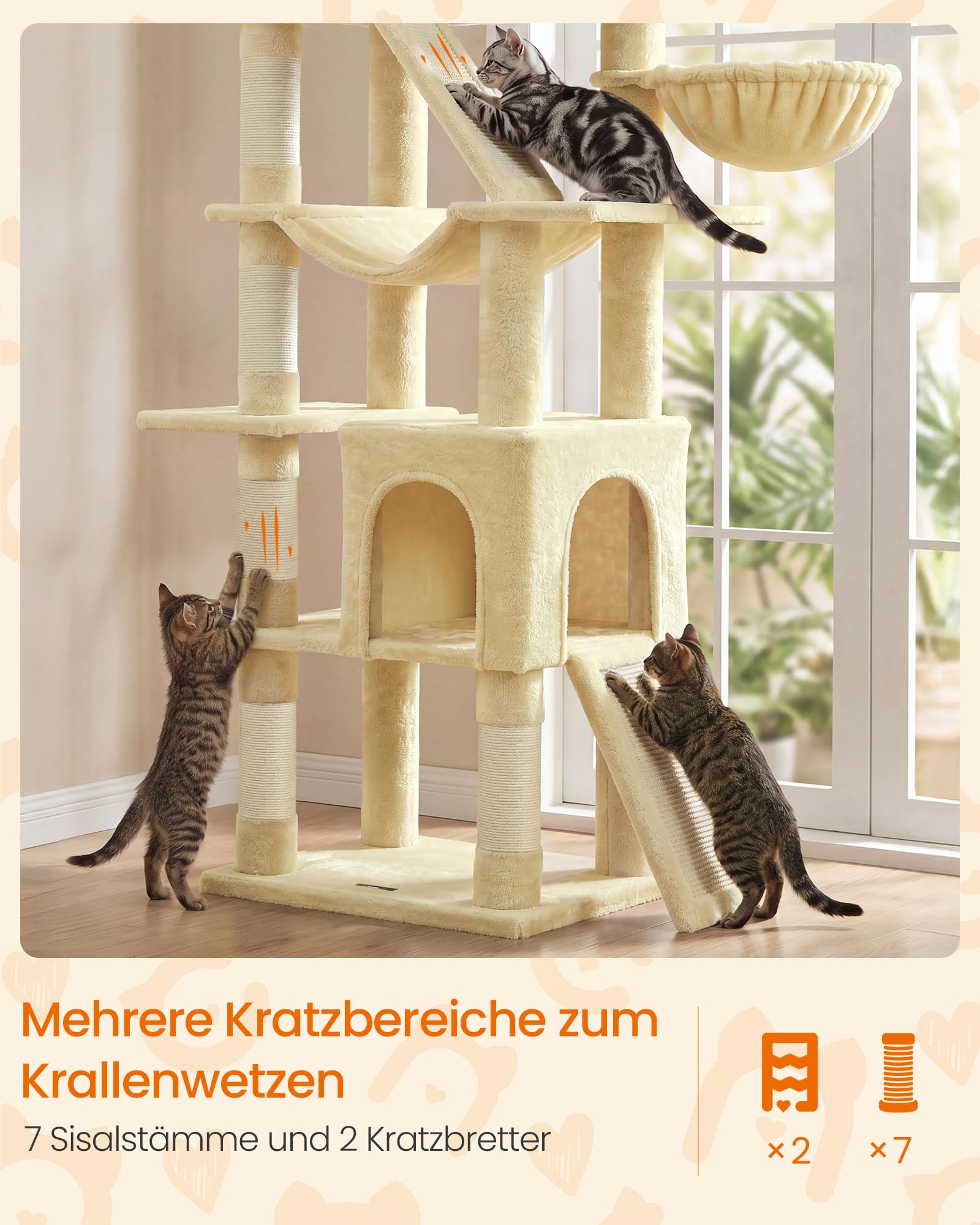 Feandrea Kratzbaum groß, XXL Katzenbaum mit Kratzbrettern und Sisal, Kletterbaum für Große Katzen, 55 x 45 x 206 cm, Beige, für Mehrkatzenhaushalt, Clawfy Kollektion PCT021Y101