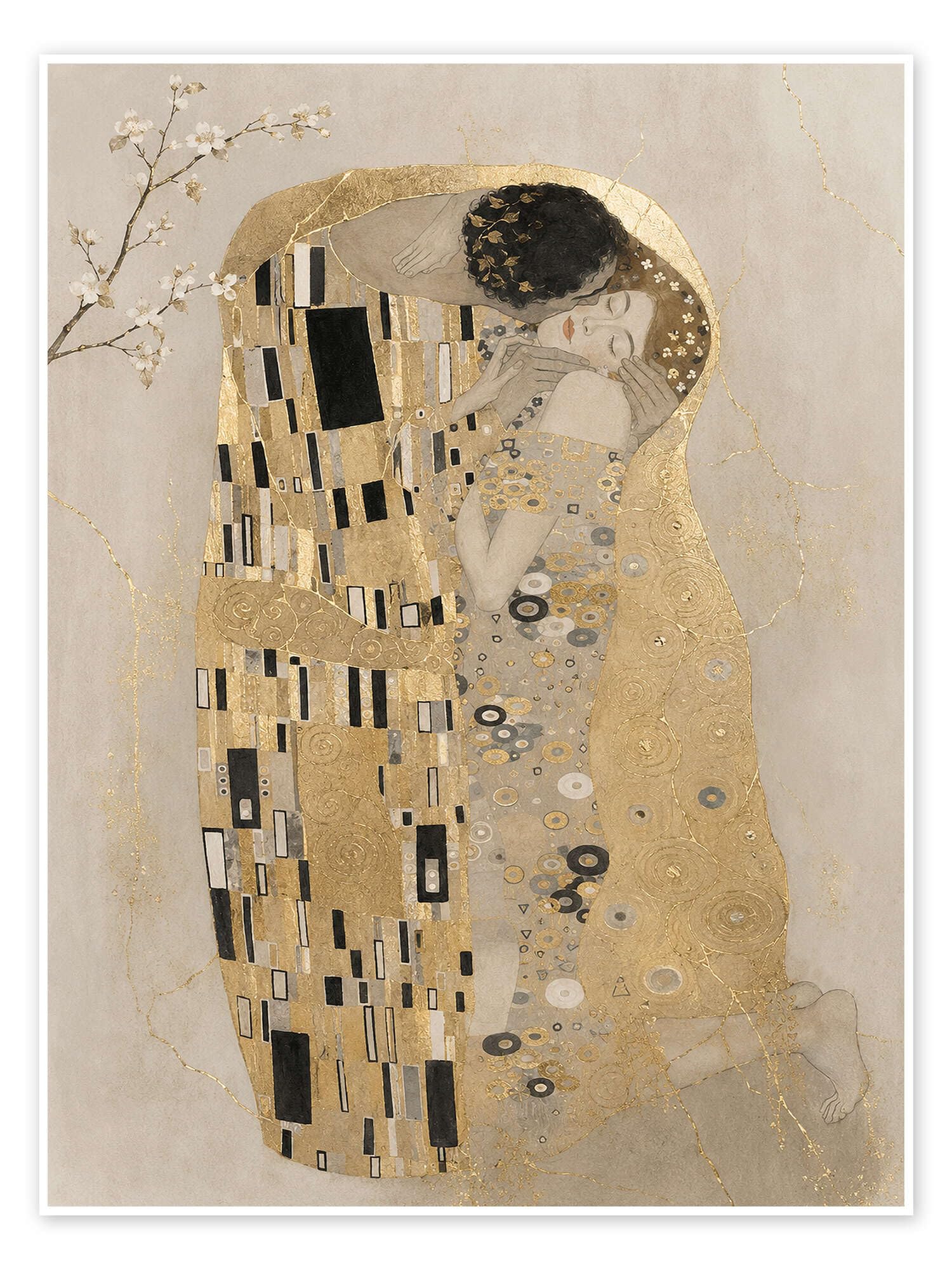 Kintsugi Klimt Kiss Plakat | 100 x 130 cm Gustav Klimt Beżowy Obrazy Dekoracja ścienna