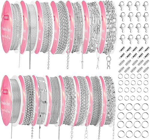 Cadenas de collar para hacer joyas, 112 pies, 15 rollos de acero inoxidable, cadenas de joyería para bricolaje, collares, pulseras, accesorios para