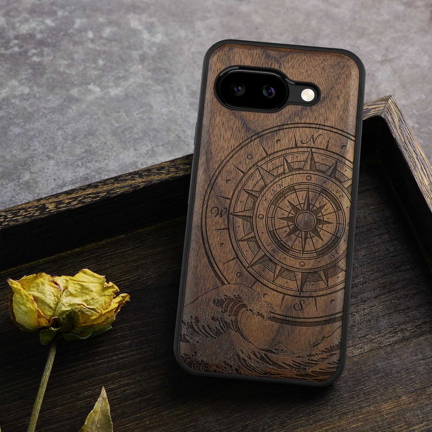 Carveit Magnetic Wooden Case for Google Pixel 9a Case, Wood Artisan Engraved & Soft TPU Shockproof Cover, Compatible with MagSafe Wireless Chargers (Wave Compass) Walnut