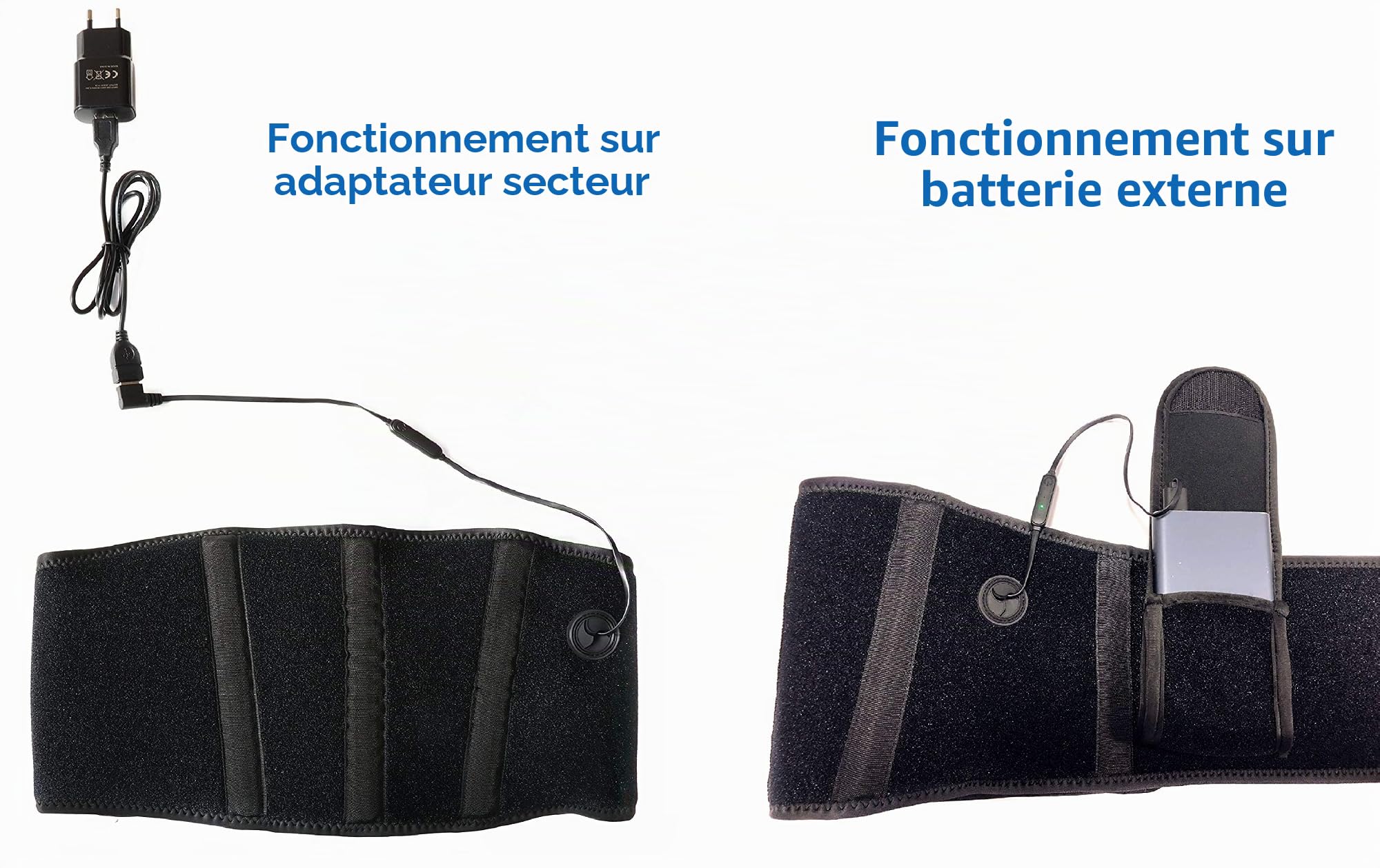 Thermrup Ceinture chauffante infrarouge lointain (FIR) – Alimentation USB (banque d'alimentation et bloc d'alimentation) avec 3 niveaux de réglage de la température