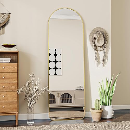 Koonmi Curved Top Full Body Mirror with Round Corners, 40 x 150 cm Full Length Mirror, Large, Free Standing, Hanging Leaning, Floor Standing Mirror as Dressing Mirror for Living Room, Gold - 150L x 40W cm - Gold