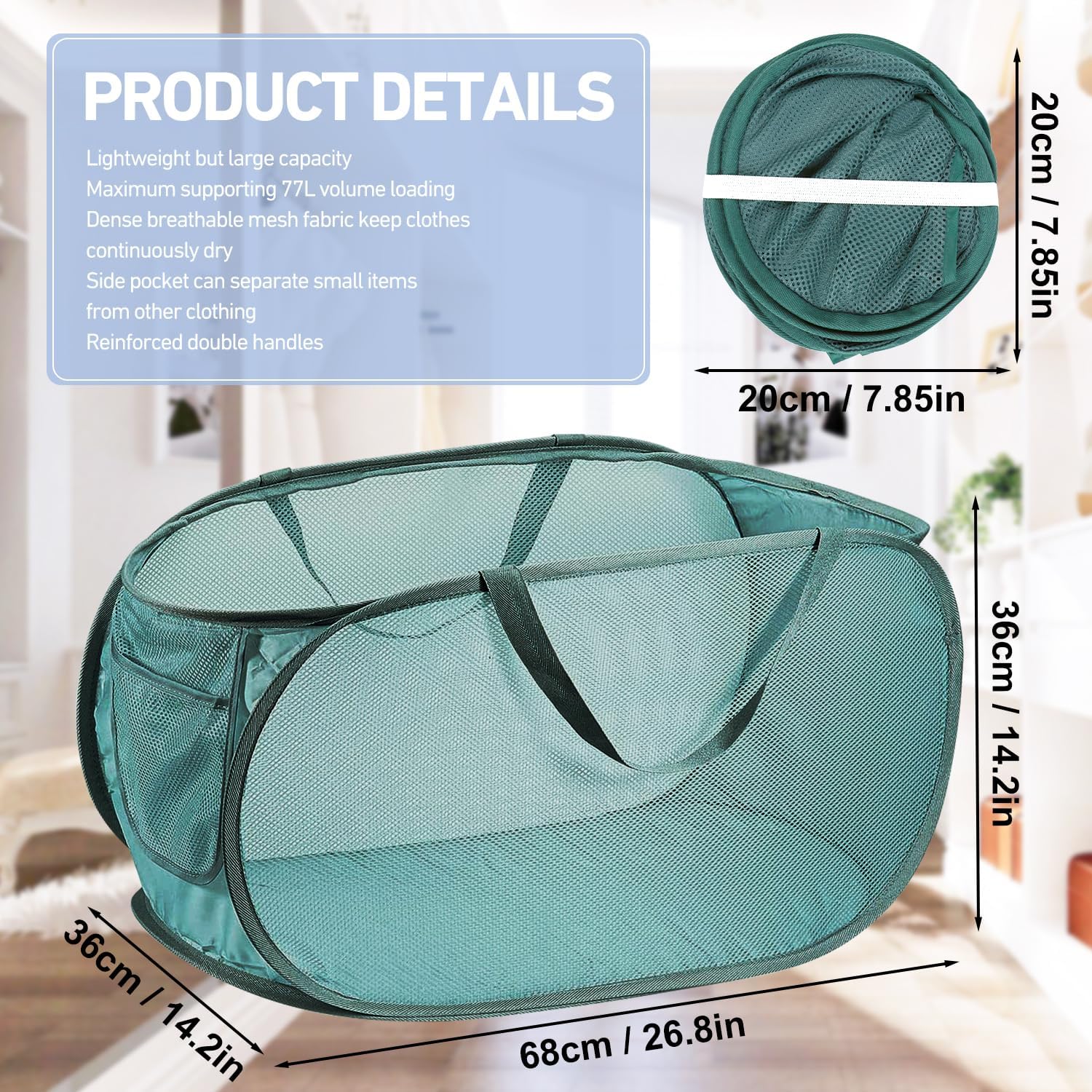 4PCS Mesh Laundry Hamper,Collapsible Laundry Baskets,75L Large Foldable Dirty Laundry Clothes Hamper Storage Basket Horizontal with Side Pocket&carry Handle for Home Travel grey Emerald