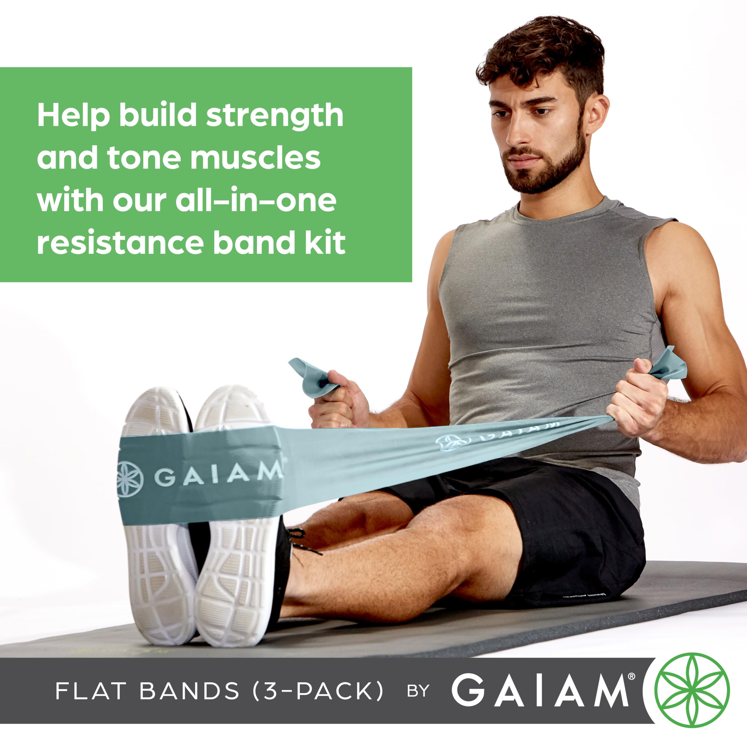 Gaiam Zestaw taśm oporowych do przywracania siły i elastyczności, 3 poziomy oporu, opaski treningowe do rozciągania mięśni, wszechstronne narzędzie do ćwiczeń, lekkie, średnie i ciężkie