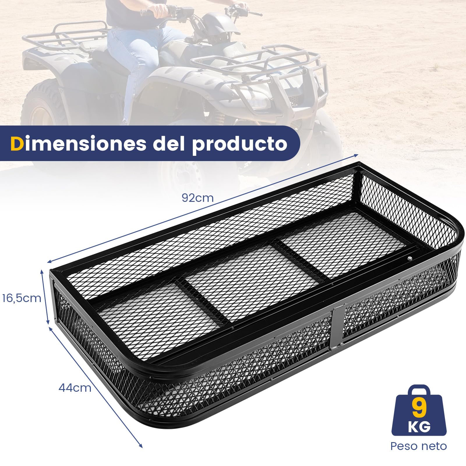 COSTWAY Cesta de Carga Delantera para ATV, Cesta de Rack Delantero Resistente con Marco de Metal de Malla, Cesta de Almacenamiento de Accesorios para ATV/UTV, 92 x 44 x 16,5 cm
