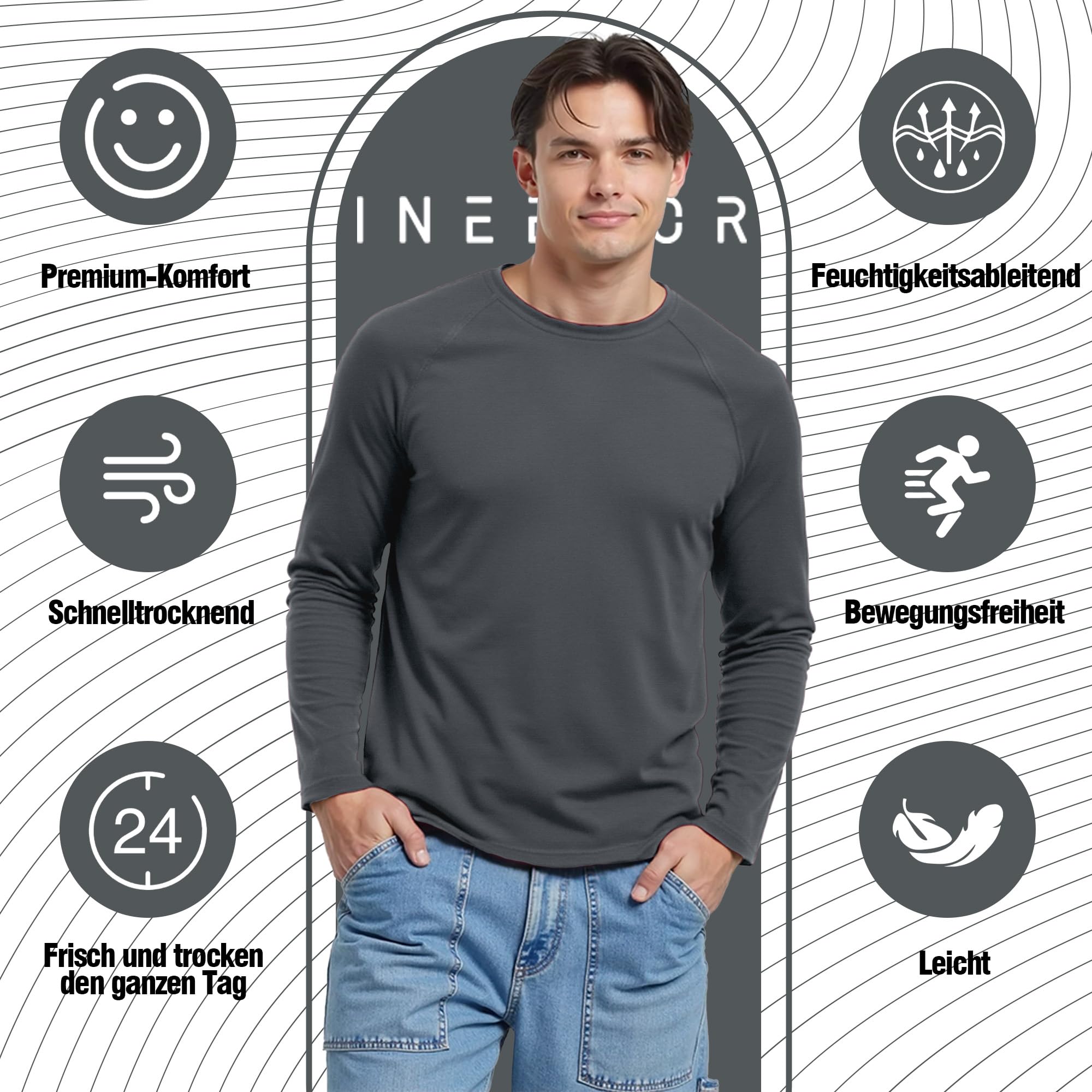 ineepor Merino Shirt Herren Langarm Funktionsshirt Sportshirt Wandershirt | Atmungsaktiv, Schnelltrocknend, Geruchshemmend, Long Sleeve, Gym, Fitness, Trekking